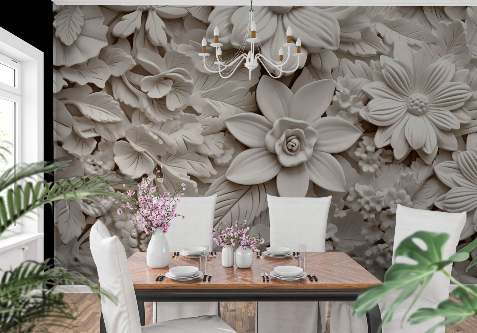 Fotobehang bloemcompositie in gips