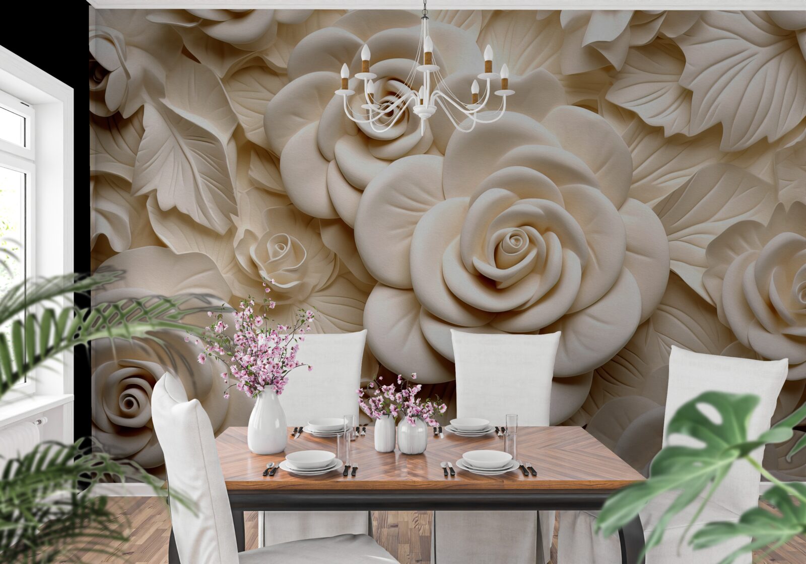 Fotobehang grote gipsrozen in lichte tinten