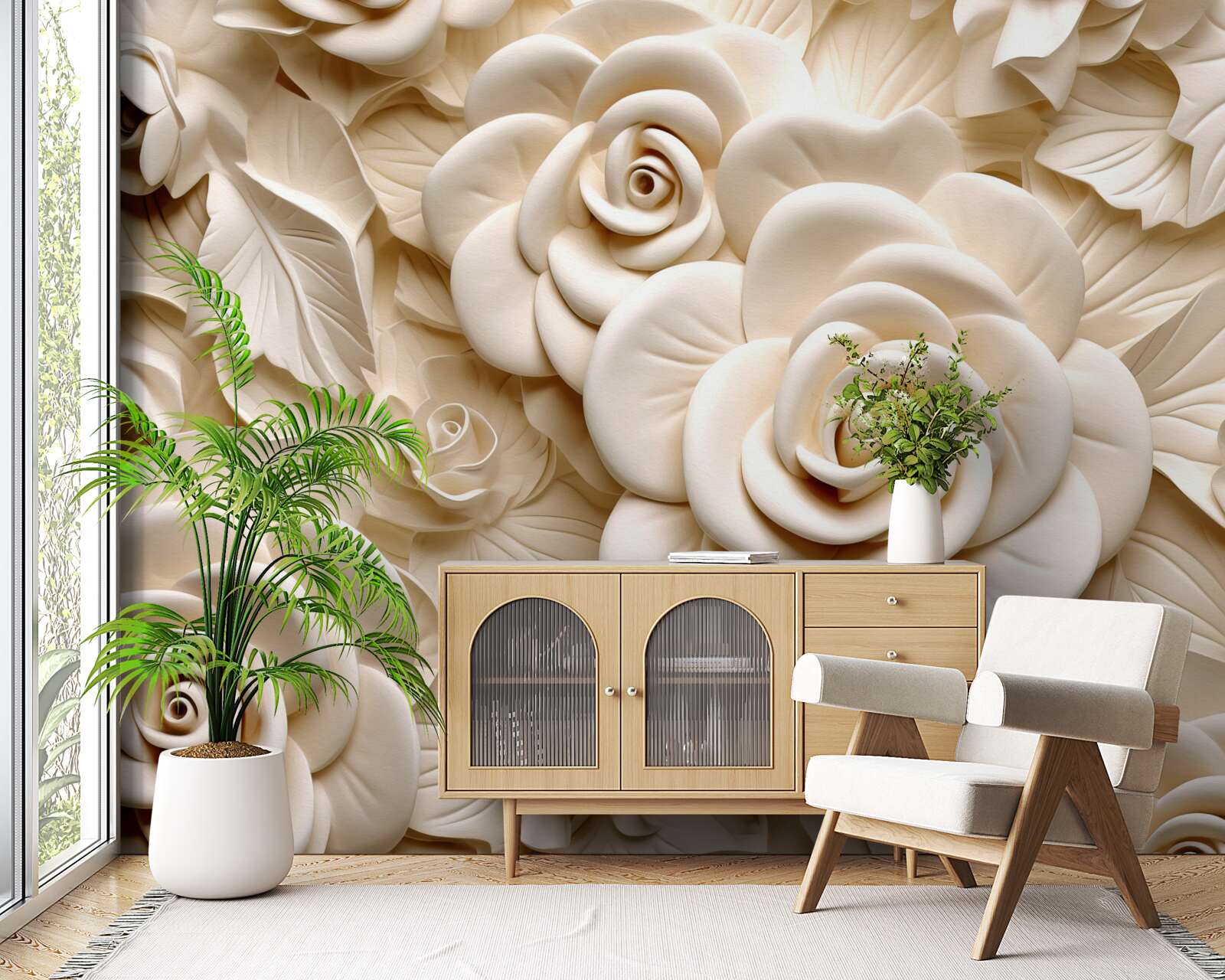 Fotobehang grote gipsrozen in lichte tinten