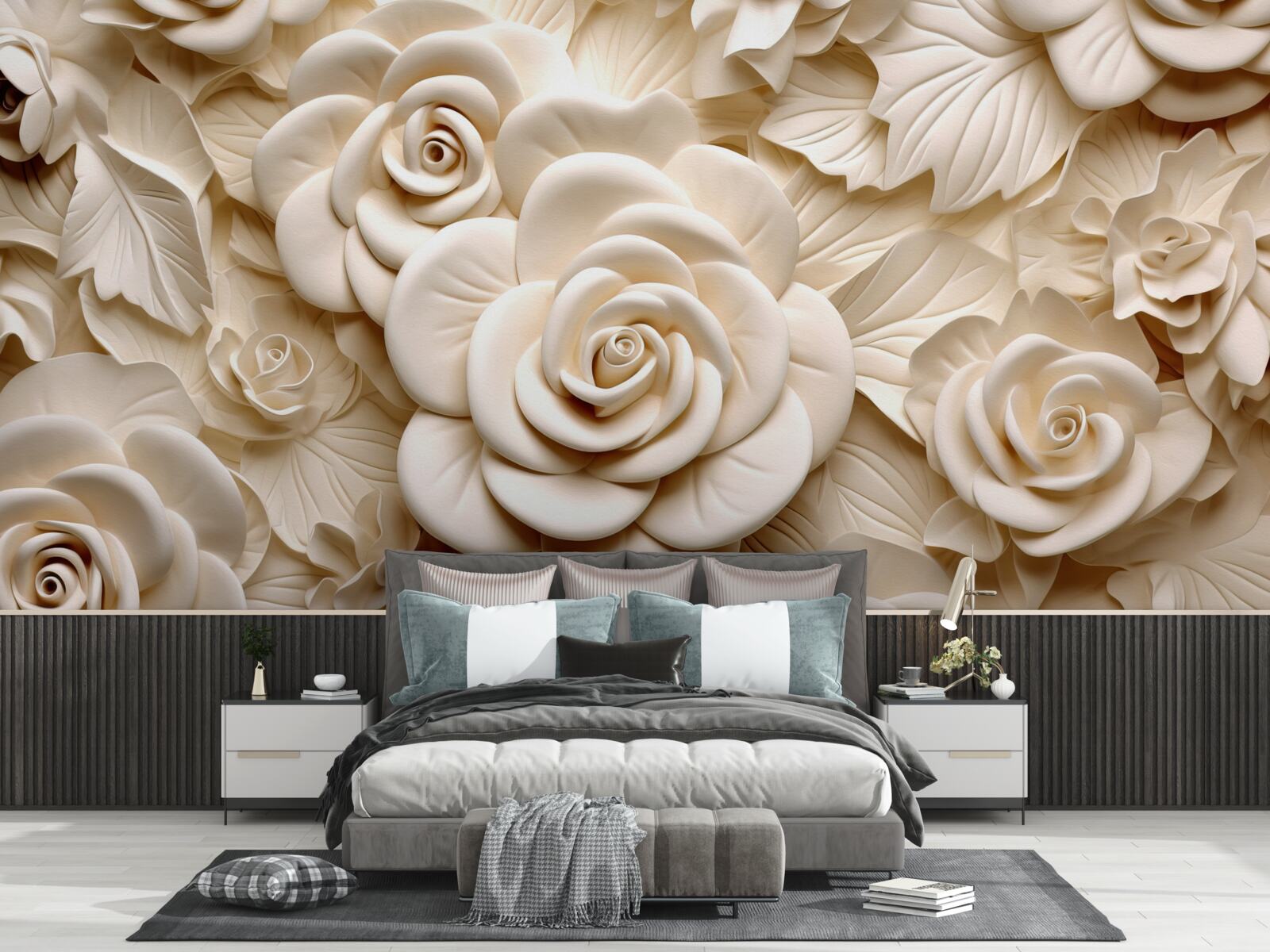 Fotobehang grote gipsrozen in lichte tinten