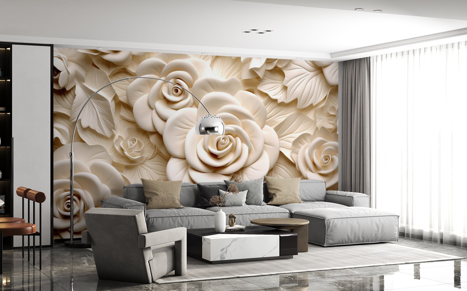 Fotobehang grote gipsrozen in lichte tinten