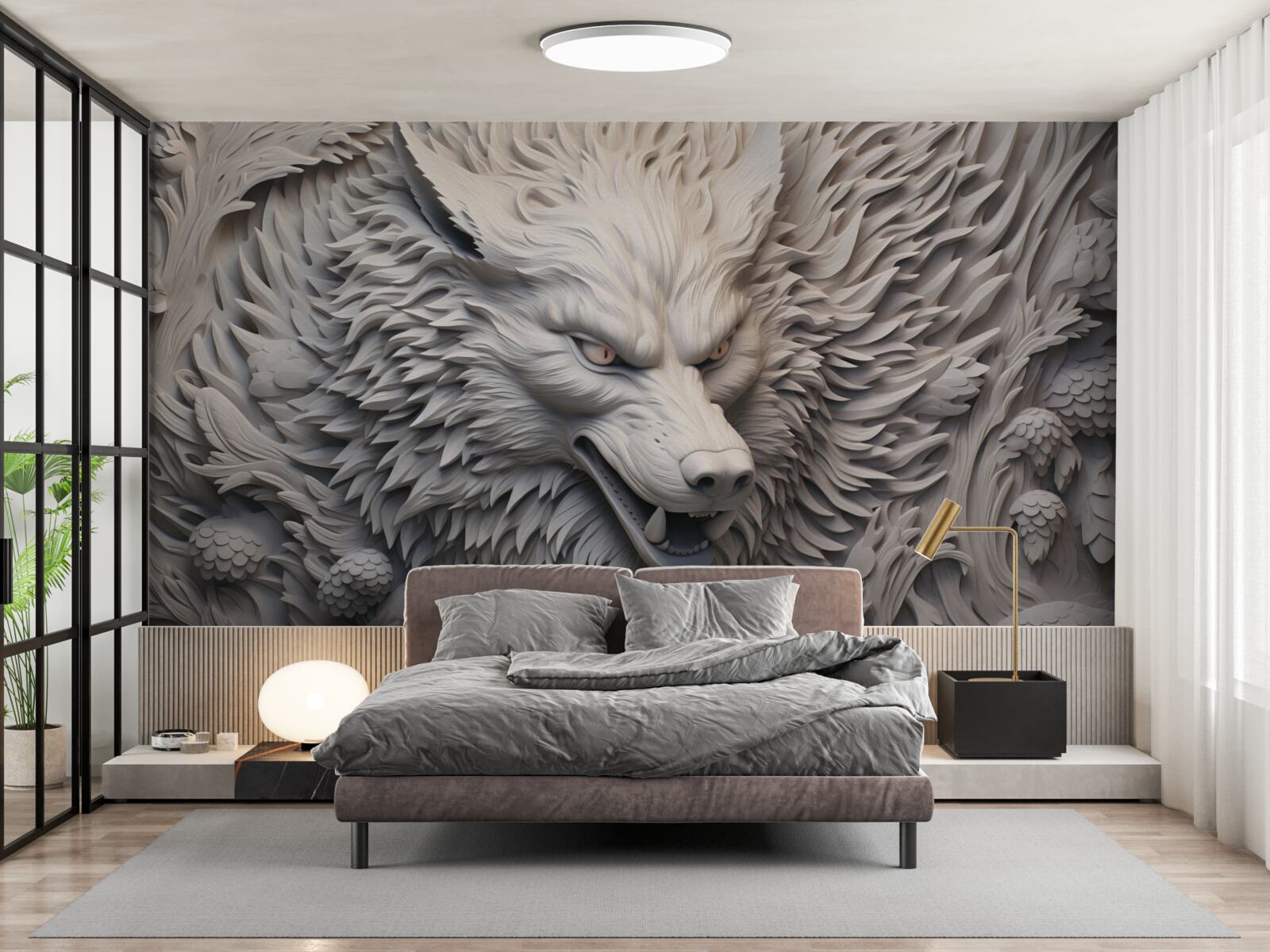 Fotobehang het krachtige gebrul van de wolf creëert een veelzijdig beeld