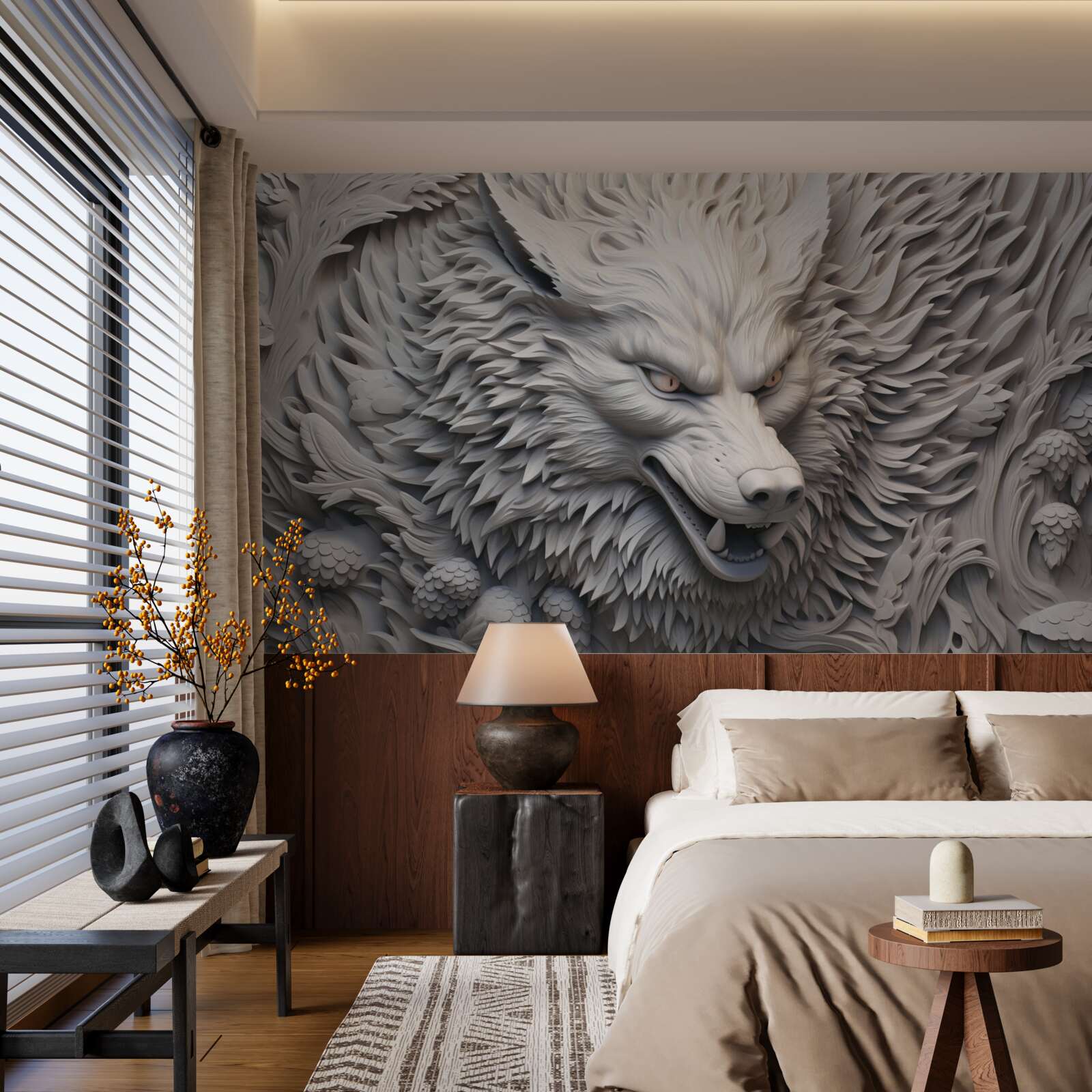 Fotobehang het krachtige gebrul van de wolf creëert een veelzijdig beeld