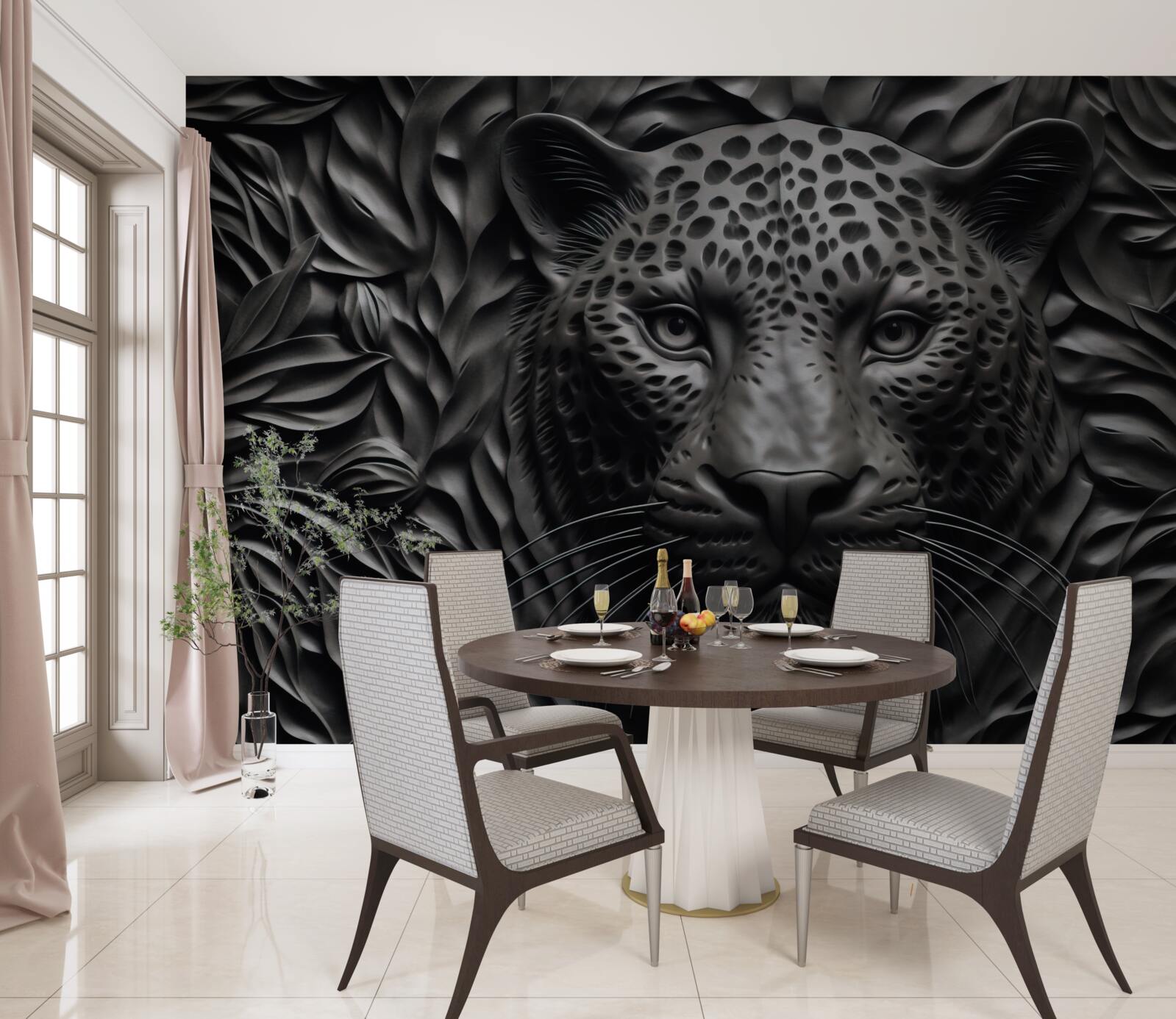 Fotobehang zwarte tijger op een boom van indrukwekkend formaat