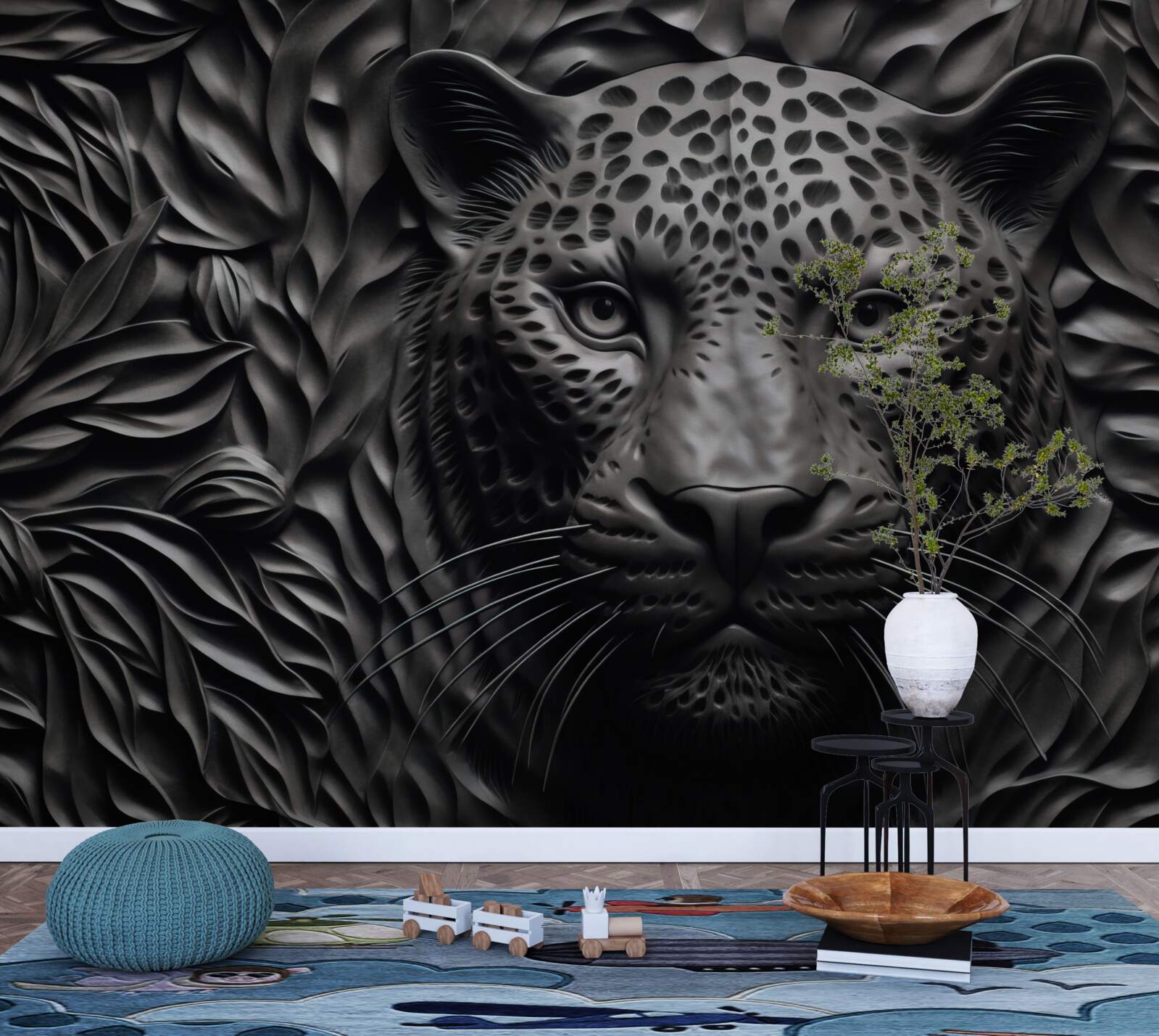 Fotobehang zwarte tijger op een boom van indrukwekkend formaat