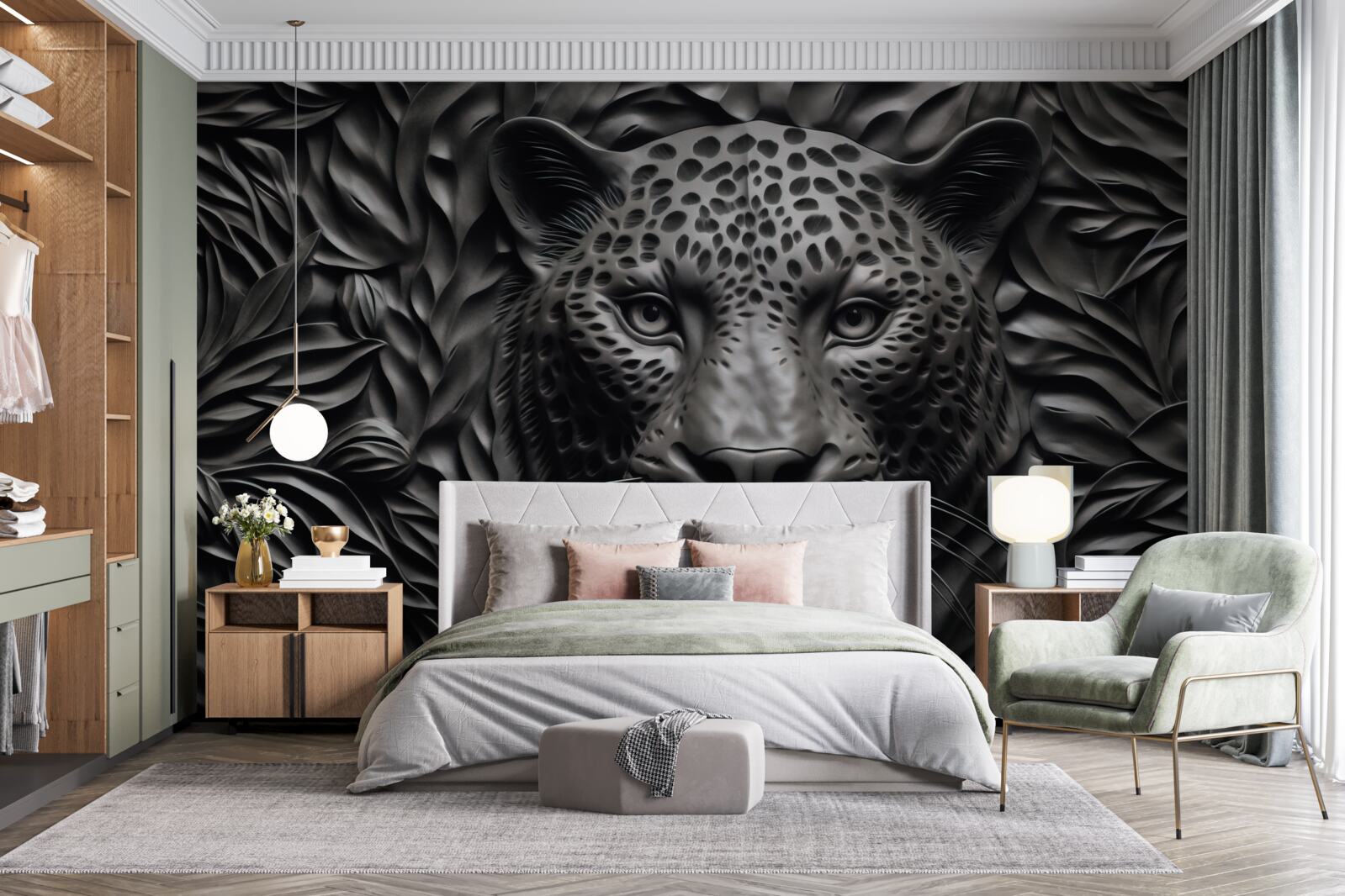 Fotobehang zwarte tijger op een boom van indrukwekkend formaat