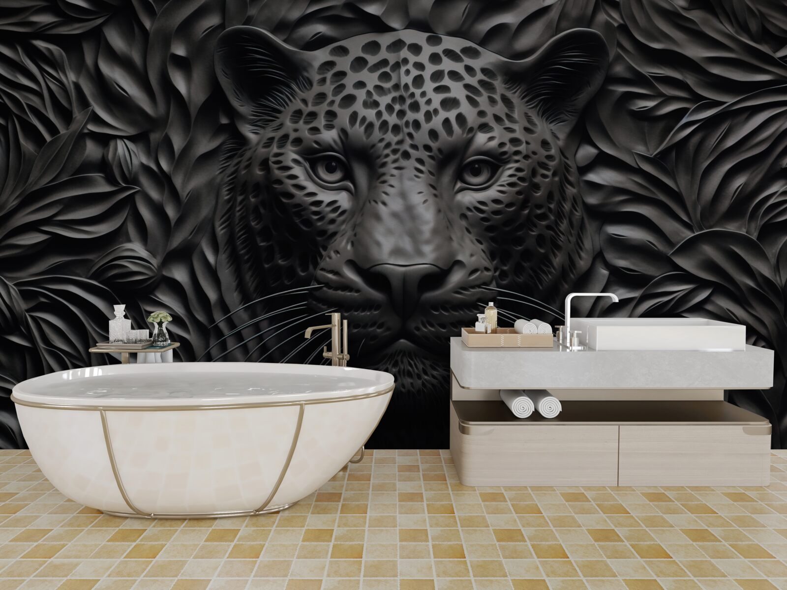 Fotobehang zwarte tijger op een boom van indrukwekkend formaat