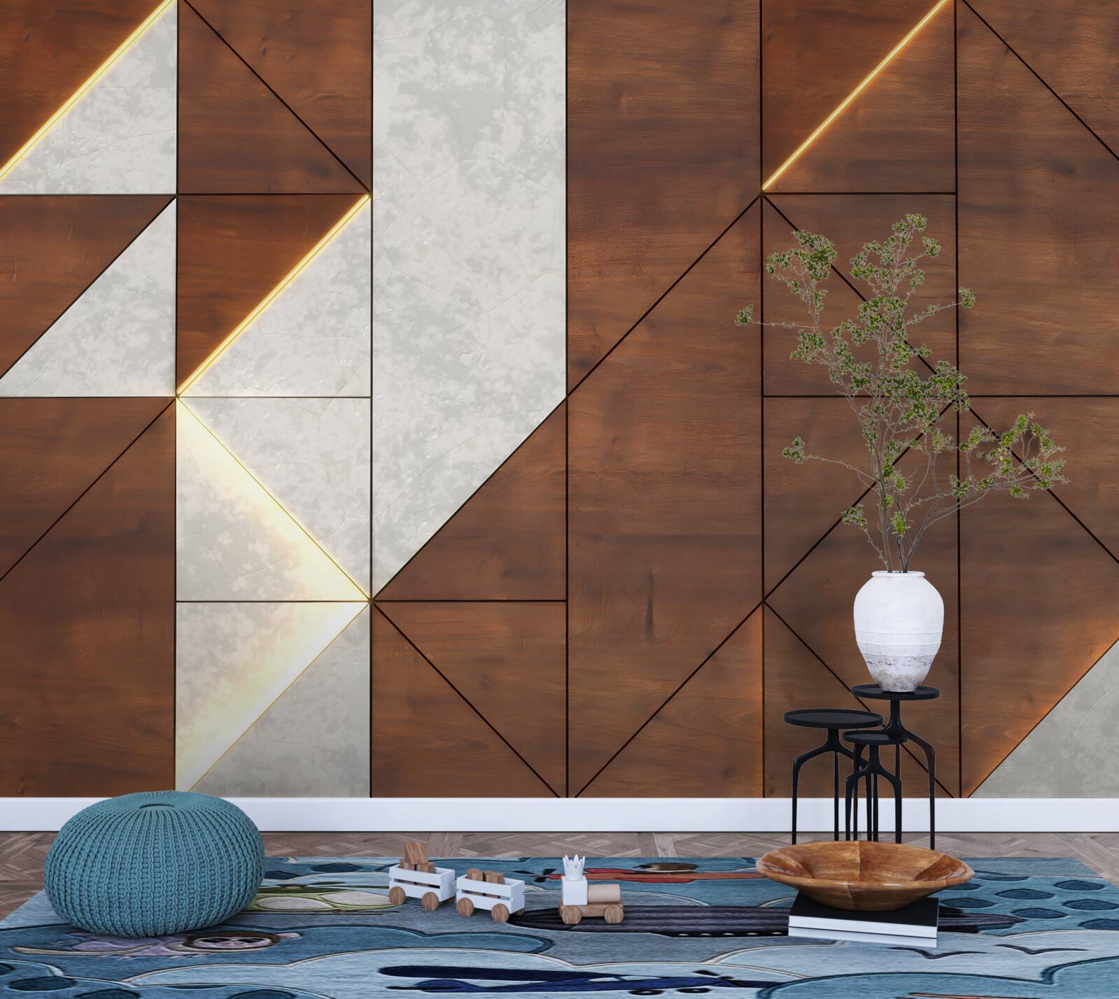 Fotobehang geometrische vormen op een houten vloer