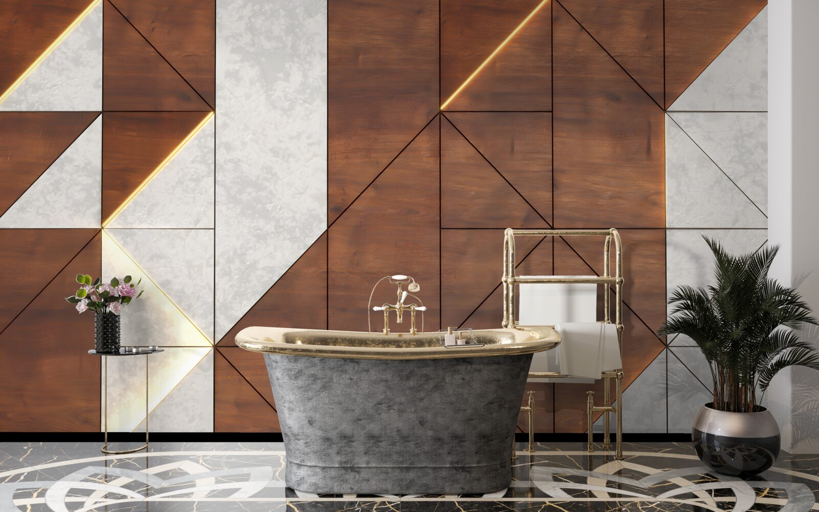 Fotobehang geometrische vormen op een houten vloer