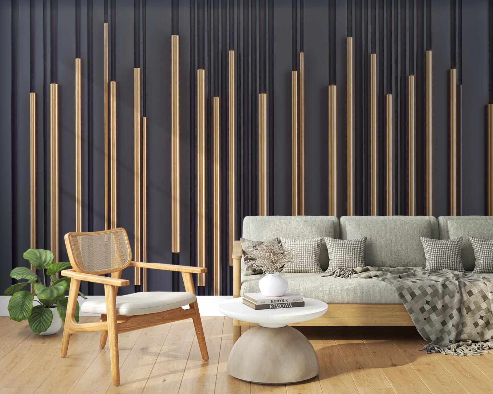 Fotobehang gouden inzetstukken op verticale lijnen