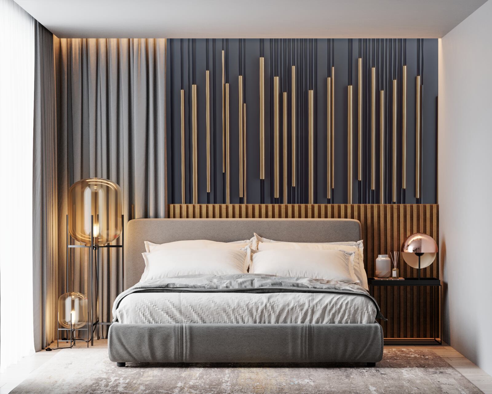 Fotobehang gouden inzetstukken op verticale lijnen