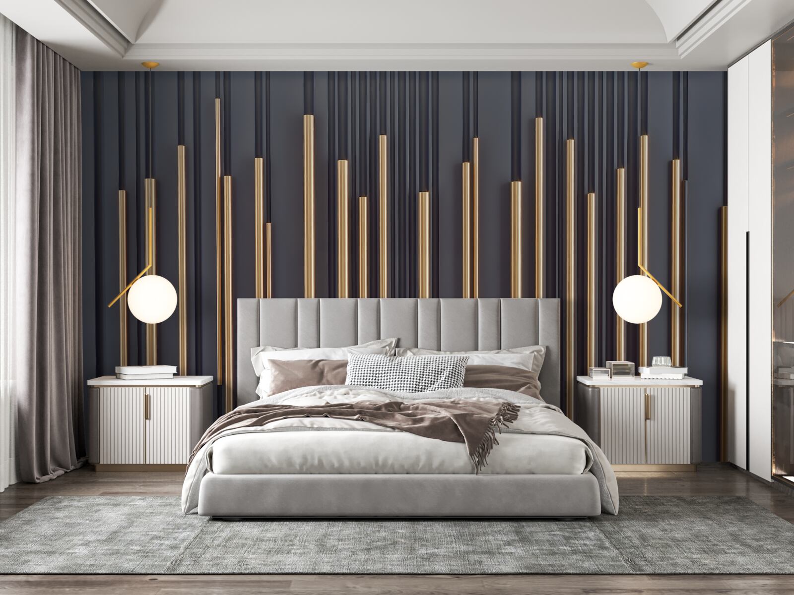 Fotobehang gouden inzetstukken op verticale lijnen