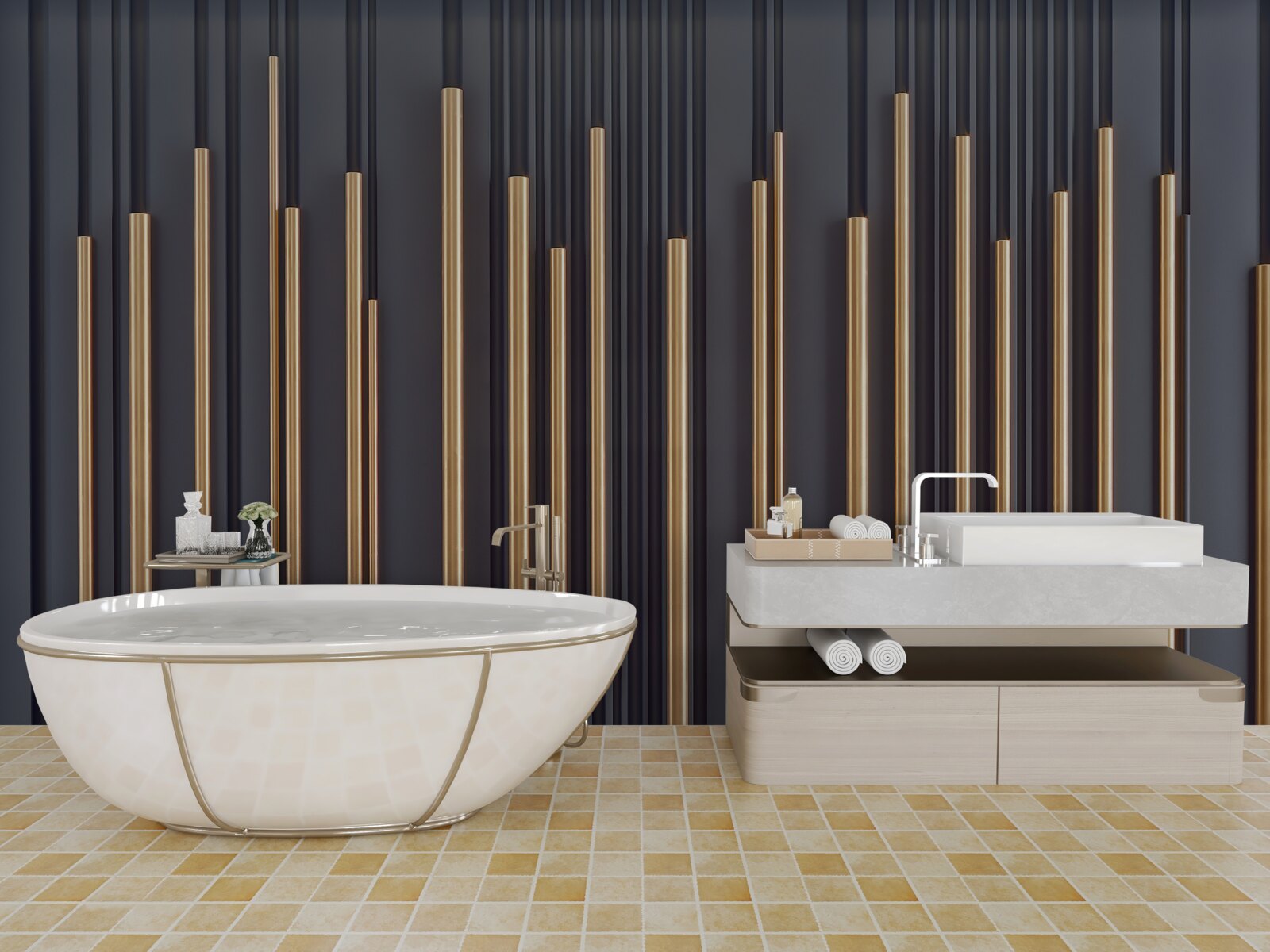 Fotobehang gouden inzetstukken op verticale lijnen