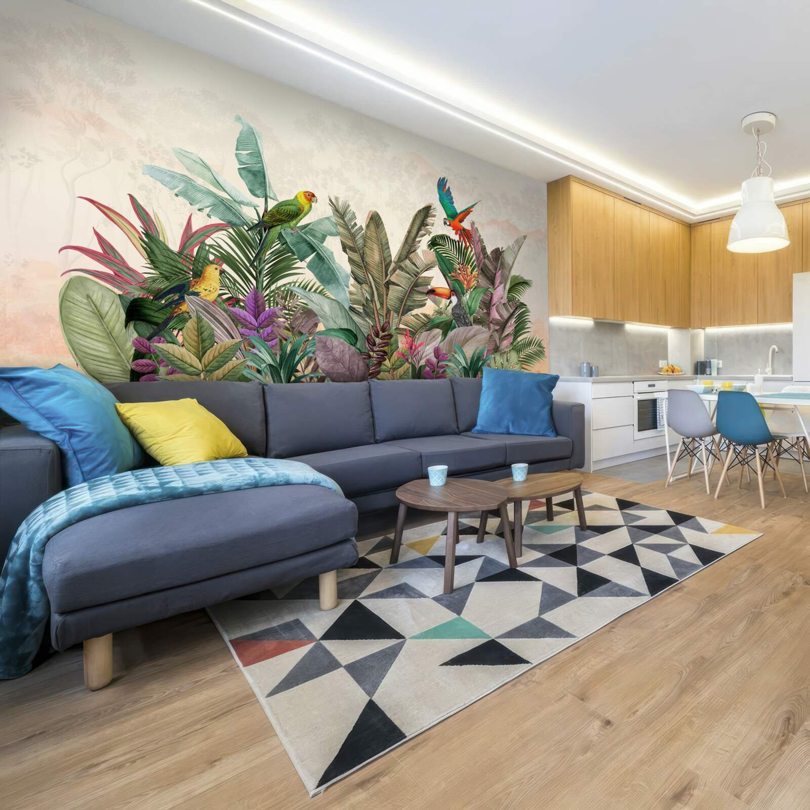 Fotobehang tropische bladeren versierd met vogels