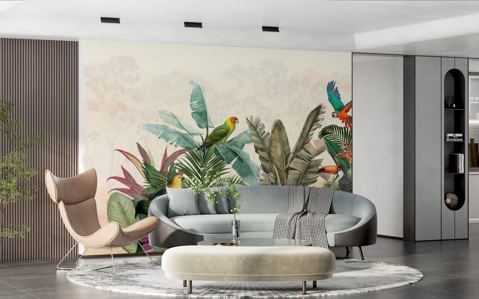 Fotobehang tropische bladeren versierd met vogels