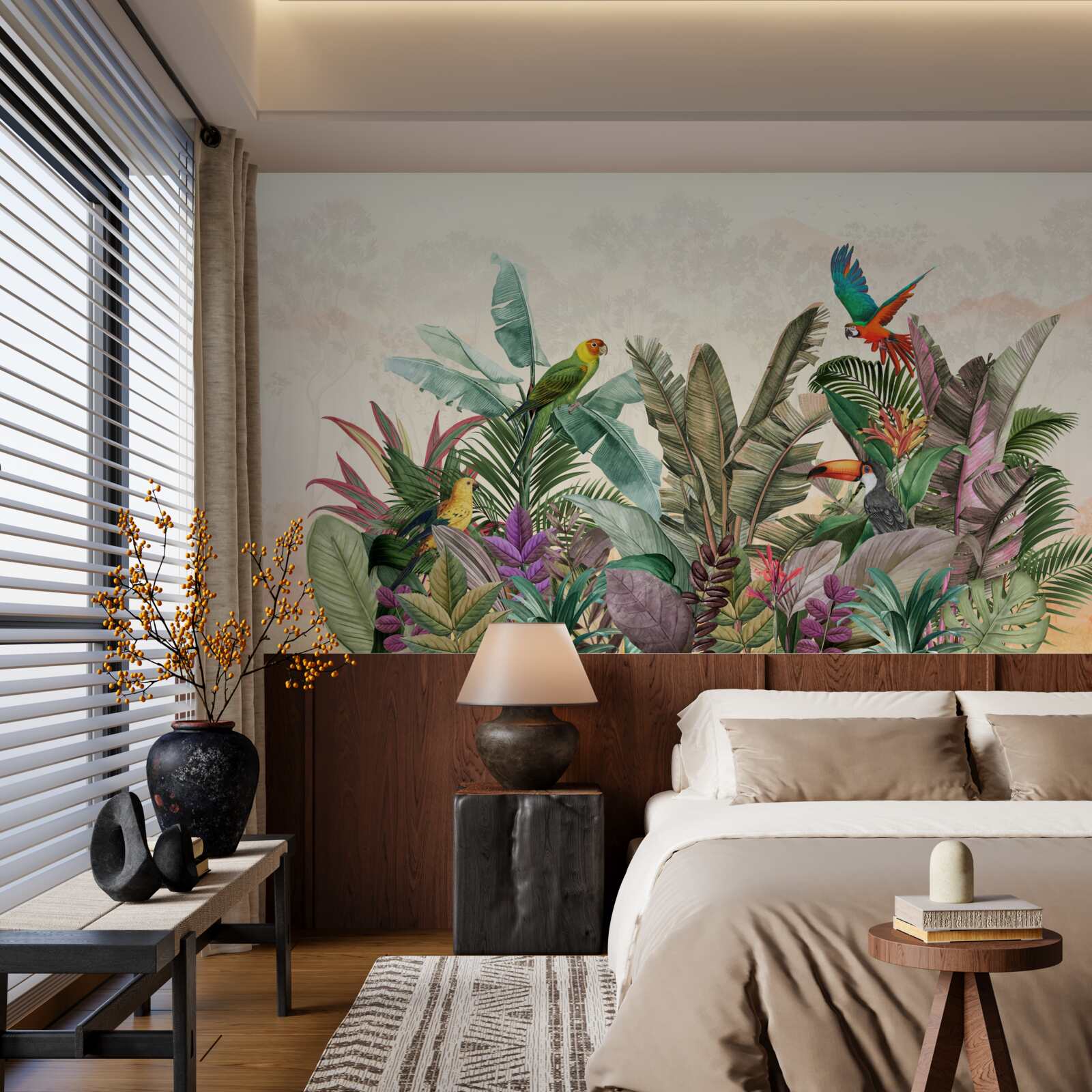 Fotobehang tropische bladeren versierd met vogels