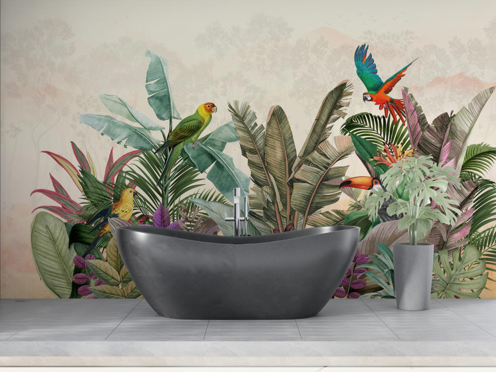 Fotobehang tropische bladeren versierd met vogels