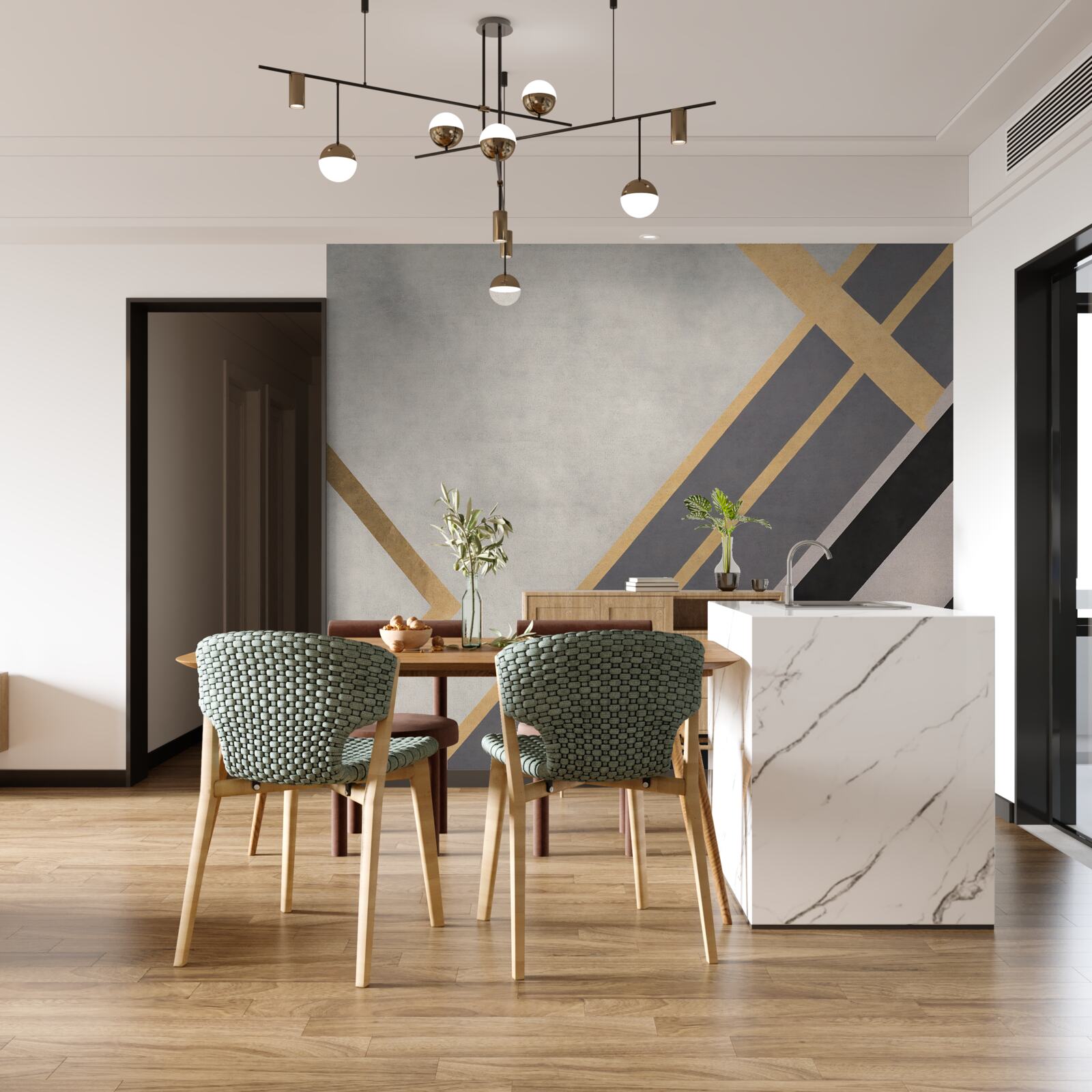 Fotobehang de gekleurde lijnen op de tegels zijn gelijkmatig verdeeld