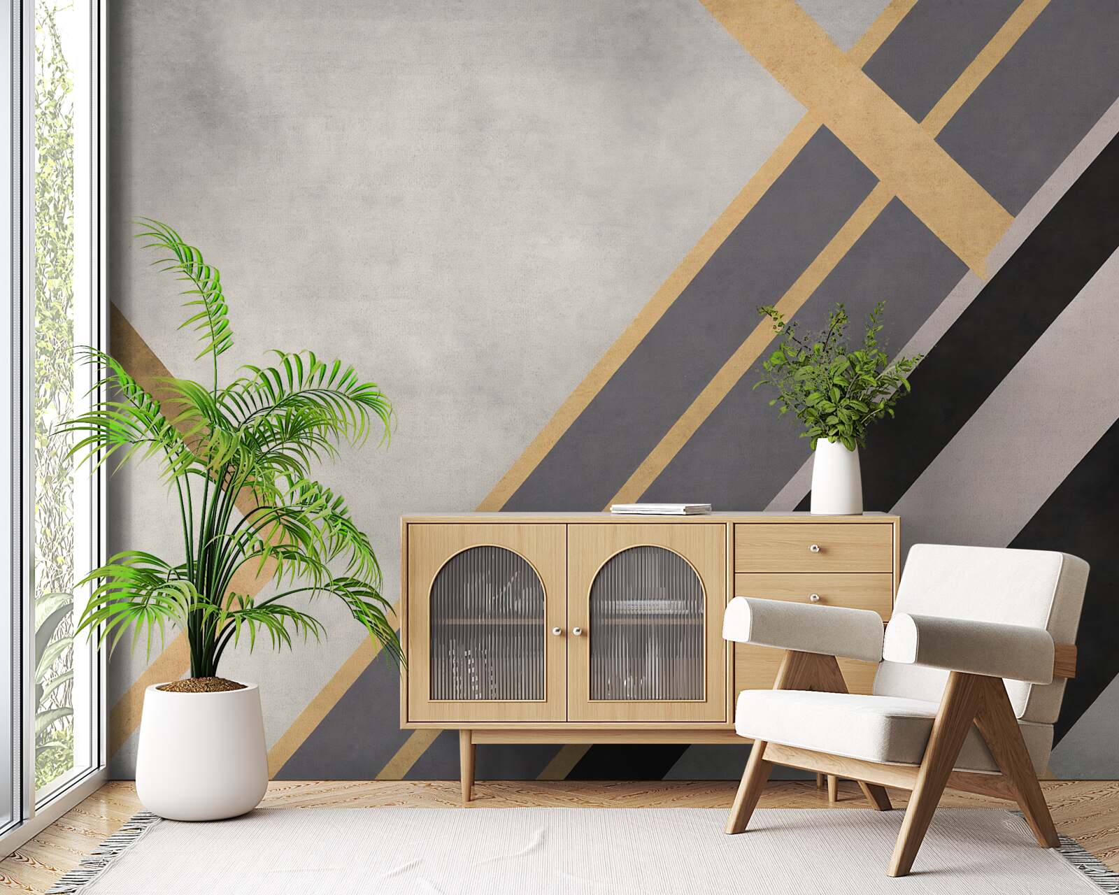 Fotobehang de gekleurde lijnen op de tegels zijn gelijkmatig verdeeld