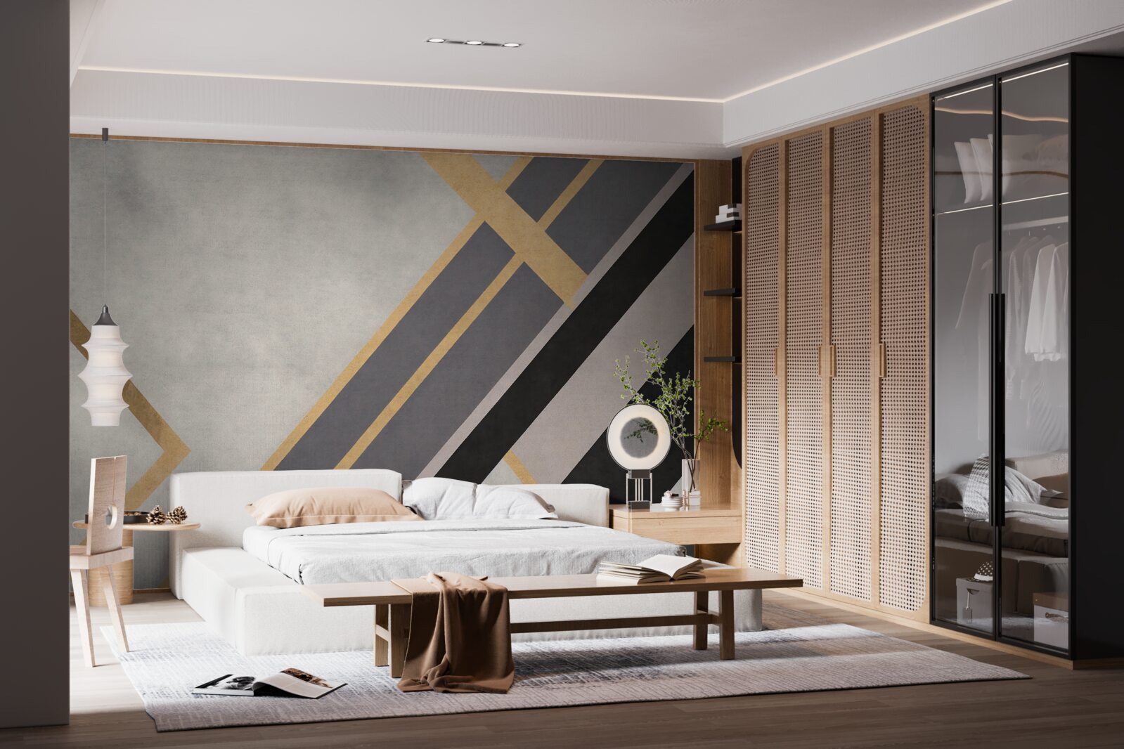 Fotobehang de gekleurde lijnen op de tegels zijn gelijkmatig verdeeld