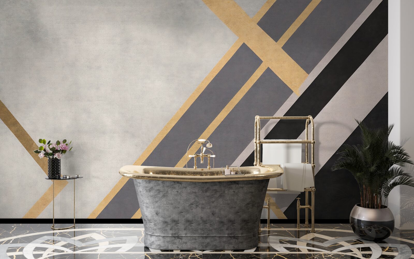 Fotobehang de gekleurde lijnen op de tegels zijn gelijkmatig verdeeld