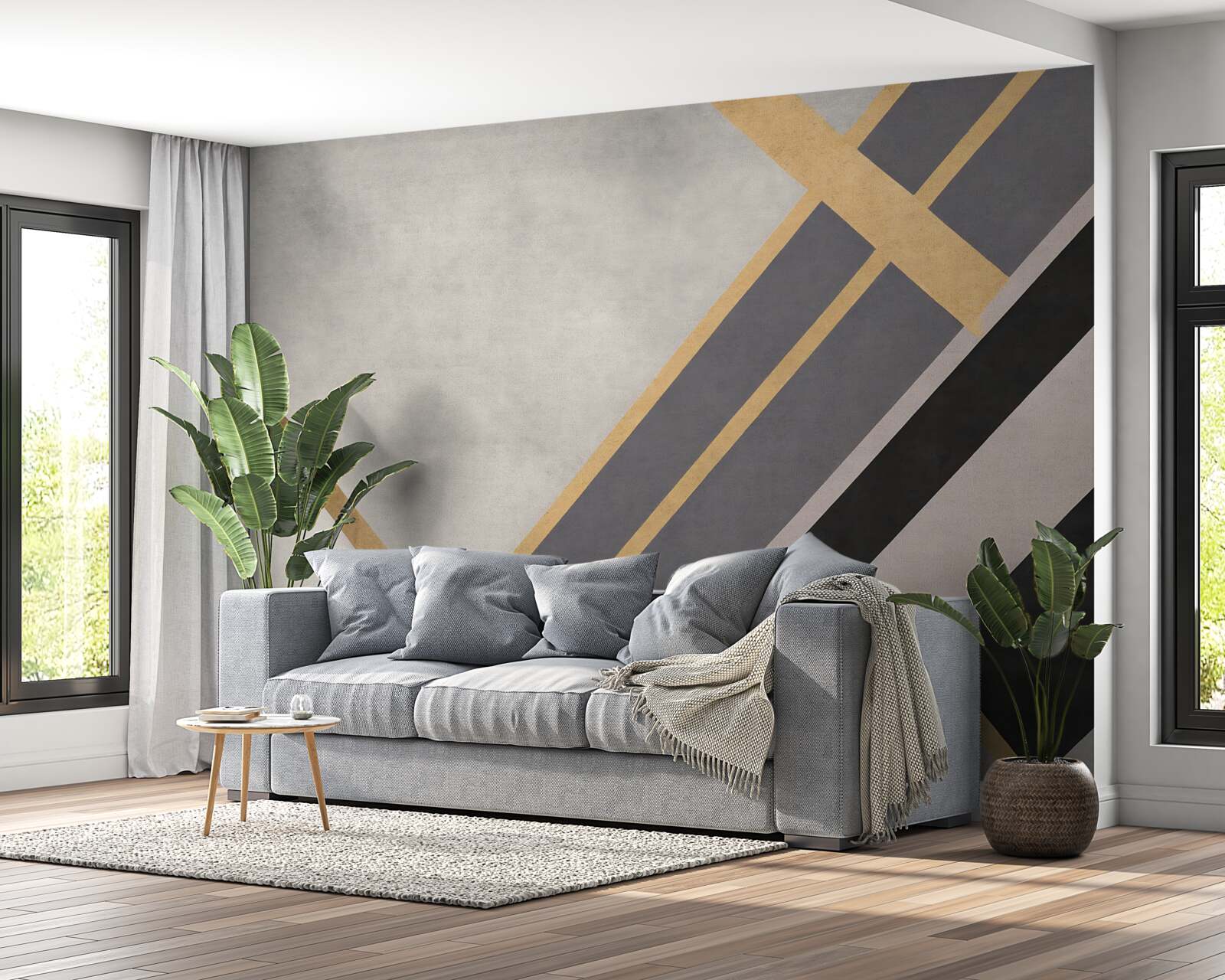 Fotobehang de gekleurde lijnen op de tegels zijn gelijkmatig verdeeld