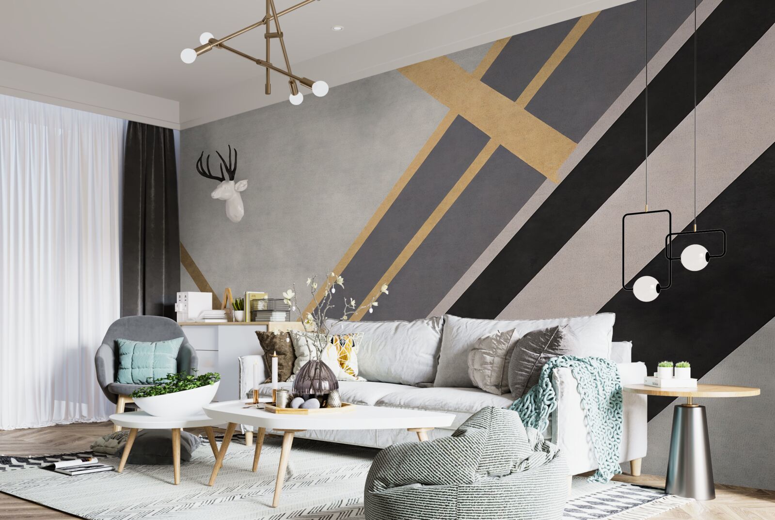 Fotobehang de gekleurde lijnen op de tegels zijn gelijkmatig verdeeld