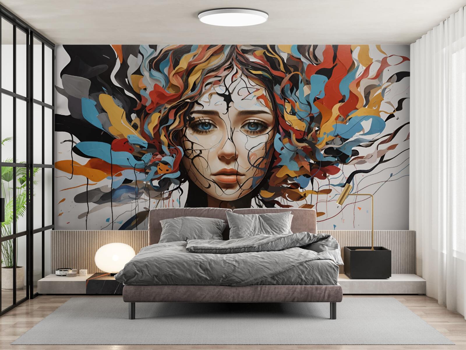 Fotobehang abstract met volumineus meisjeshaar