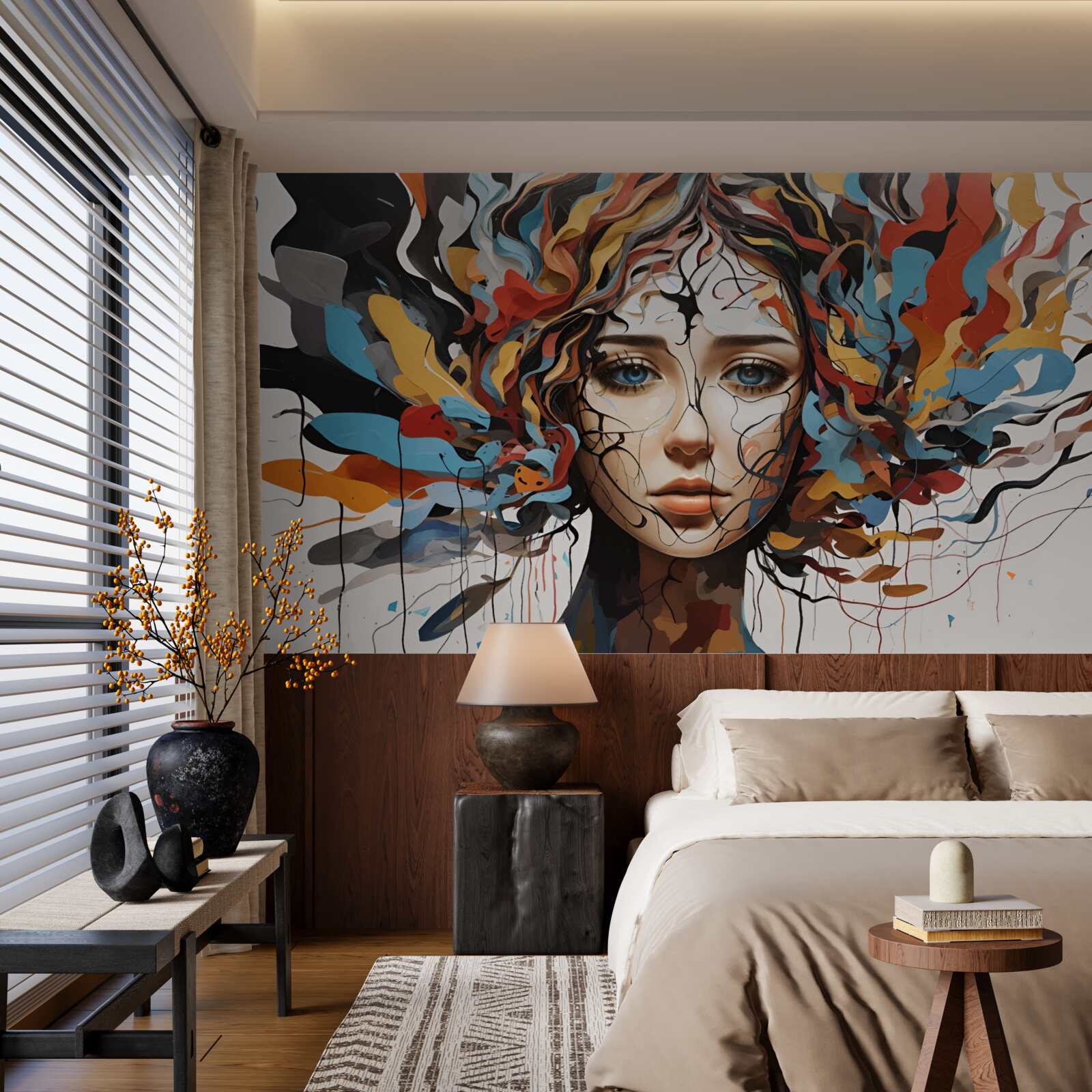 Fotobehang abstract met volumineus meisjeshaar