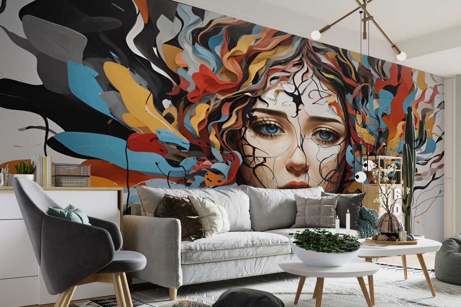 Fotobehang abstract met volumineus meisjeshaar