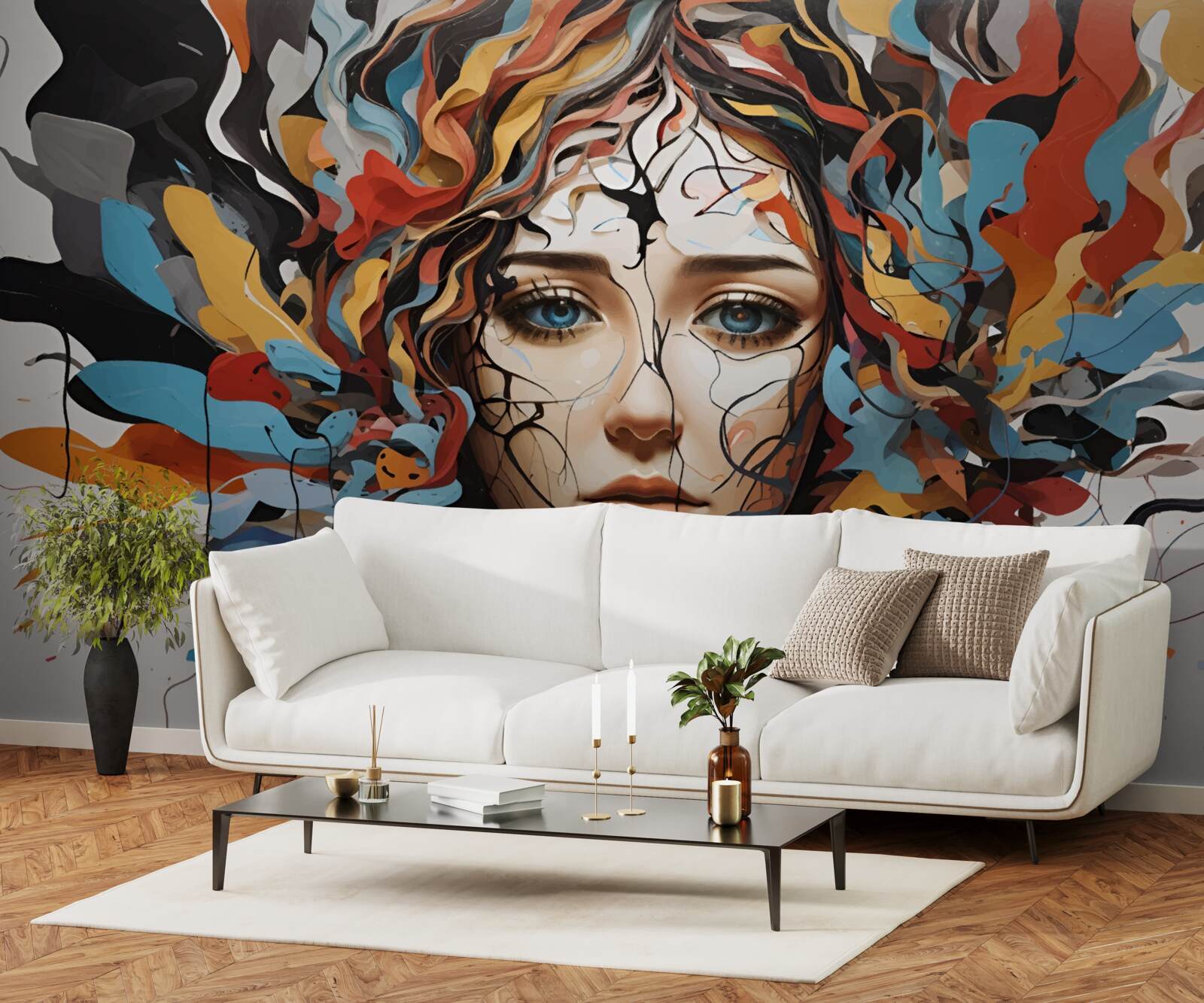 Fotobehang abstract met volumineus meisjeshaar