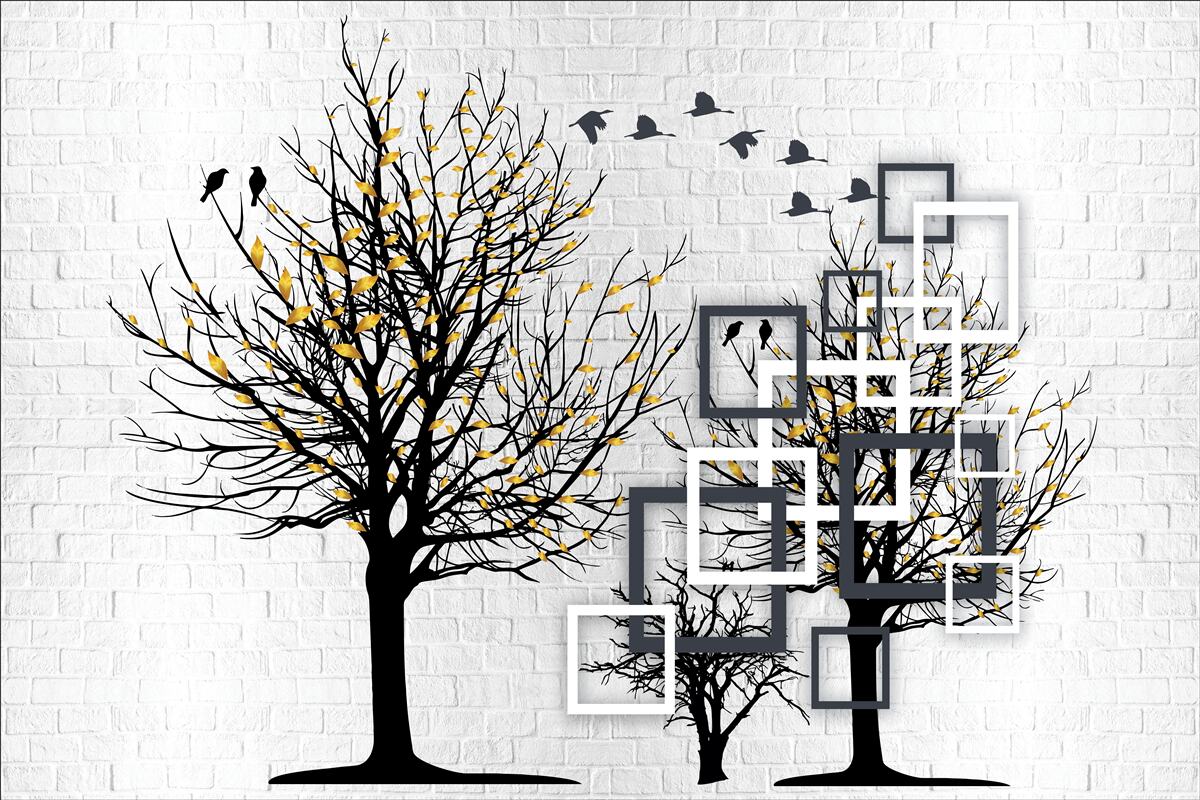 Fotobehang abstract met bomen en bakstenen muur