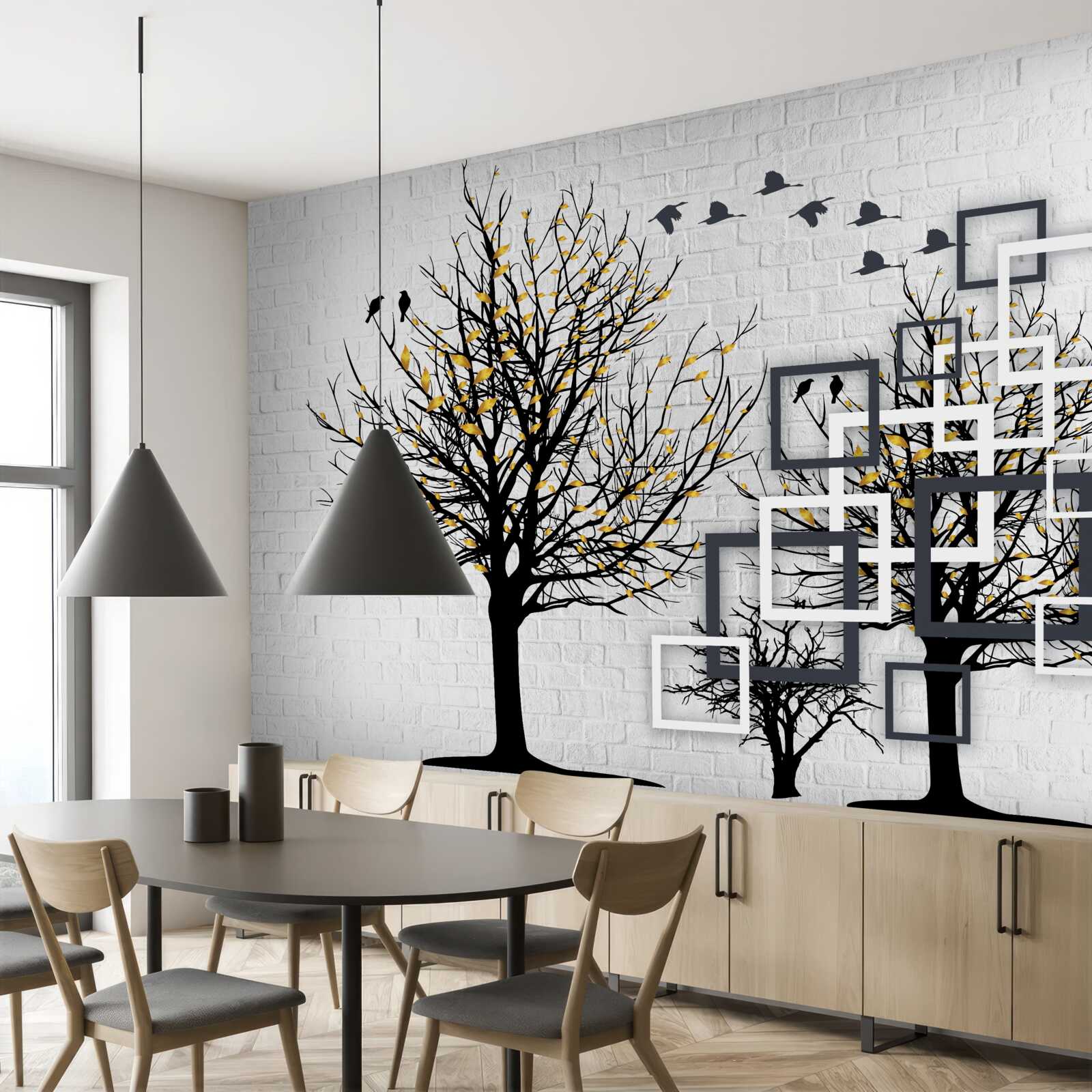 Fotobehang abstract met bomen en bakstenen muur