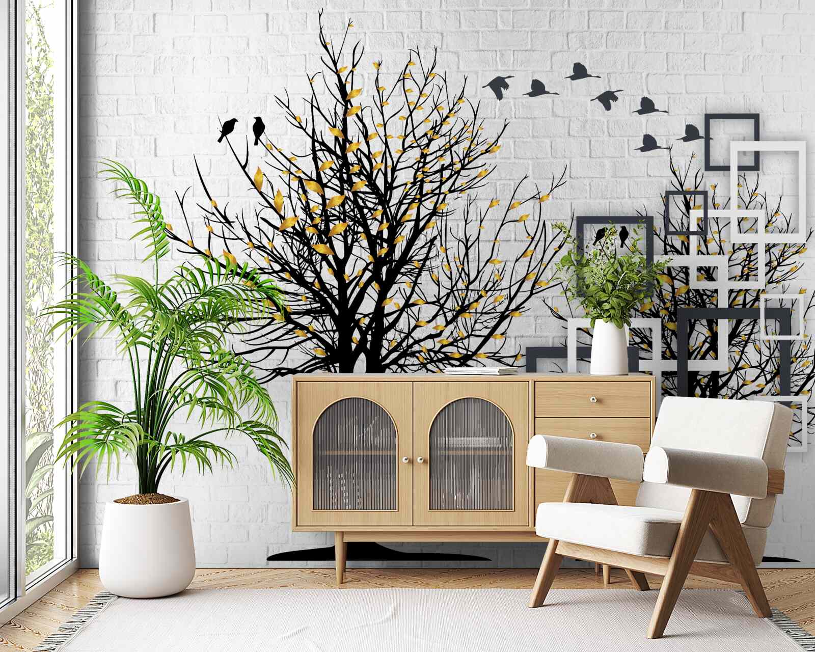 Fotobehang abstract met bomen en bakstenen muur