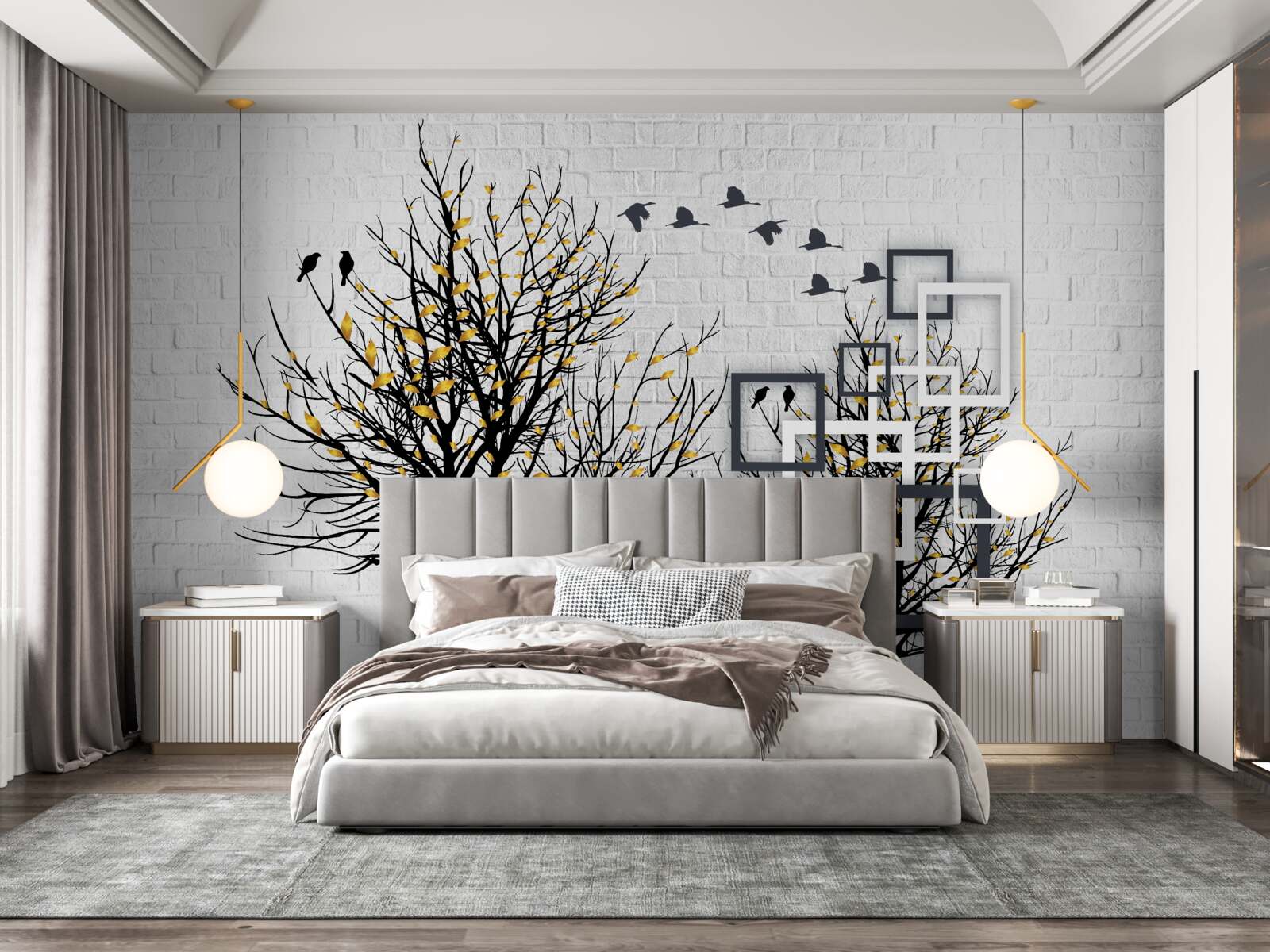 Fotobehang abstract met bomen en bakstenen muur