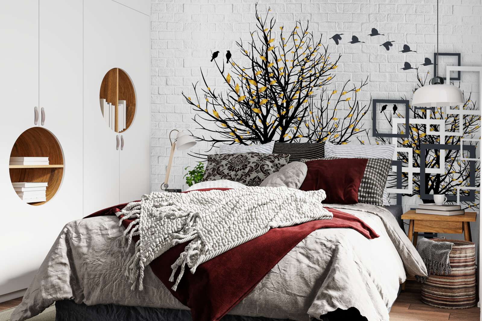 Fotobehang abstract met bomen en bakstenen muur