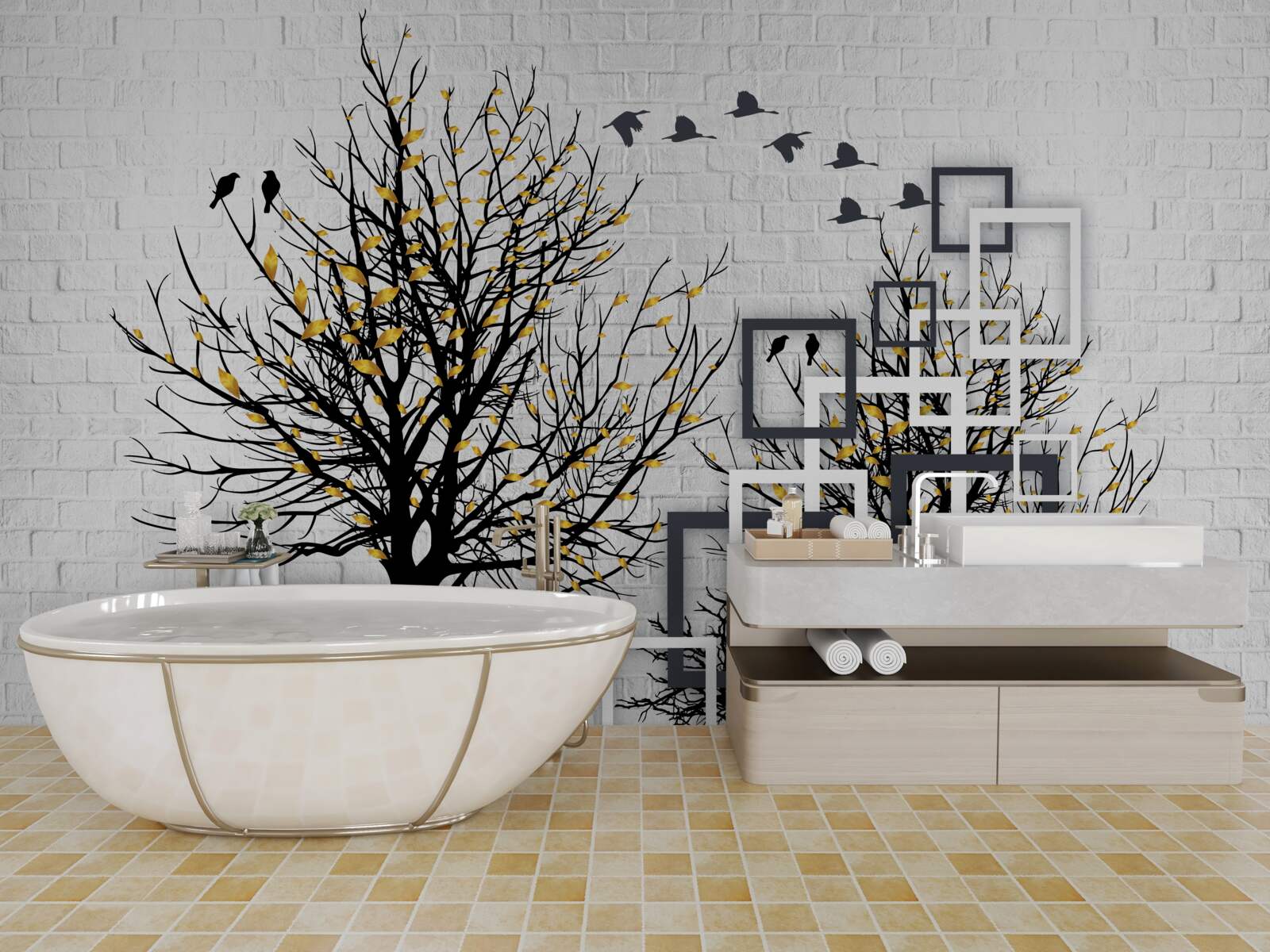 Fotobehang abstract met bomen en bakstenen muur