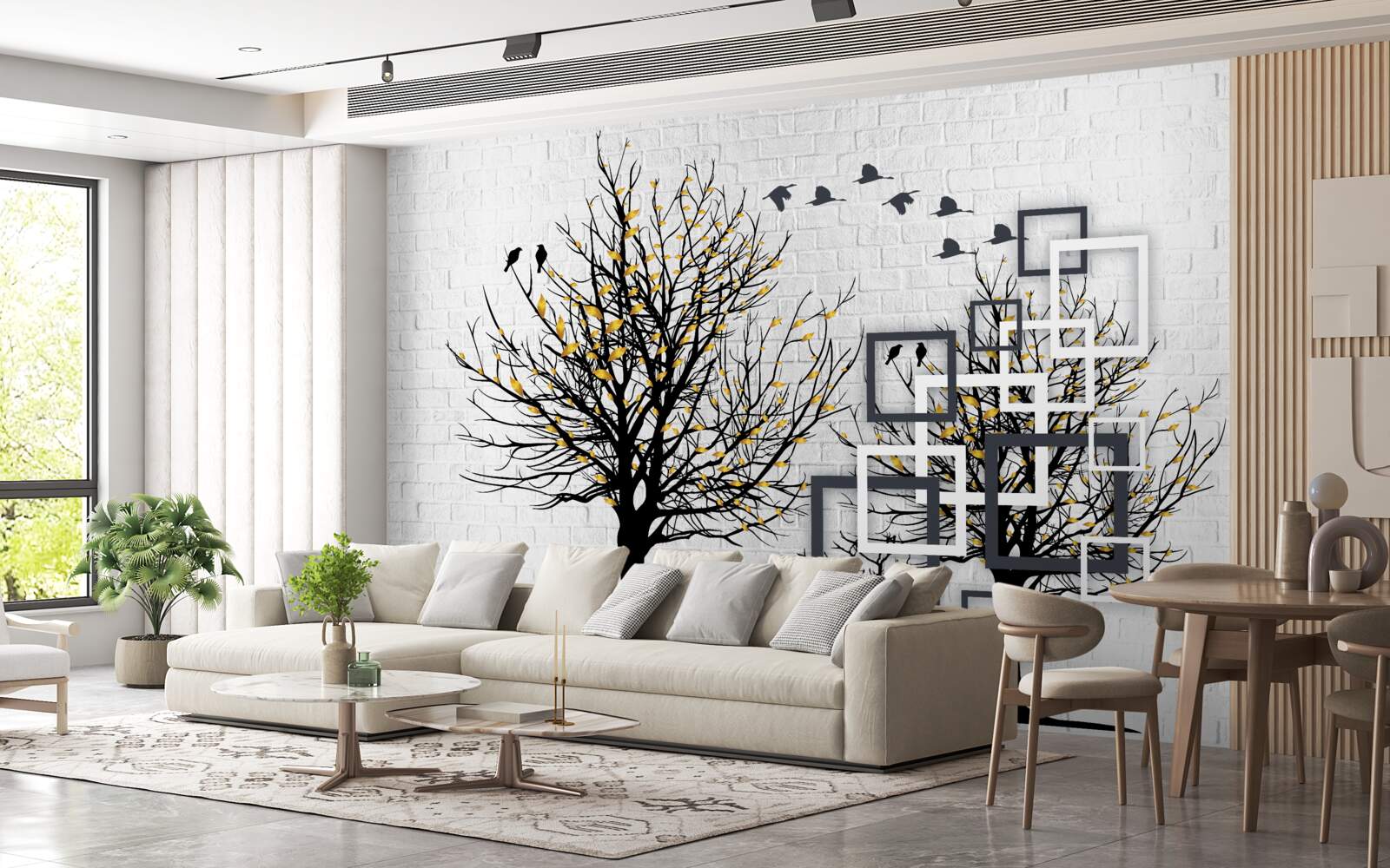 Fotobehang abstract met bomen en bakstenen muur