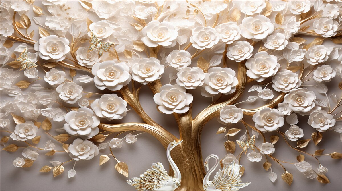 Fotobehang boom met dichte en overvloedige bloemen