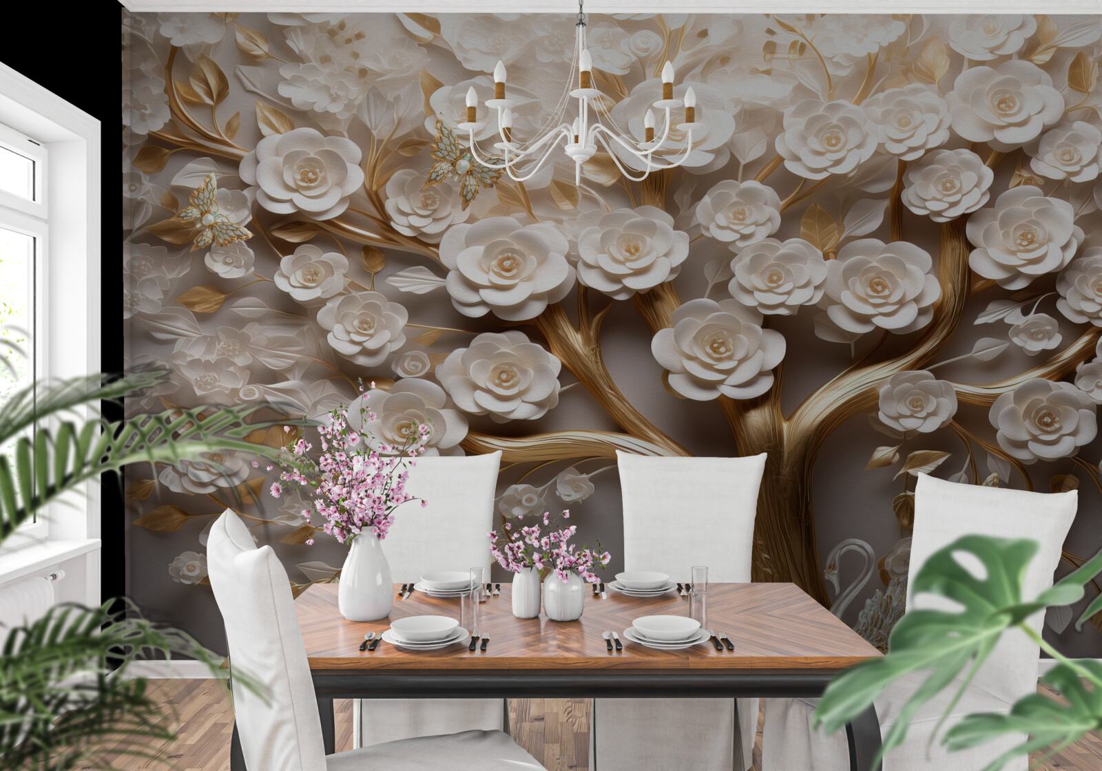 Fotobehang boom met dichte en overvloedige bloemen