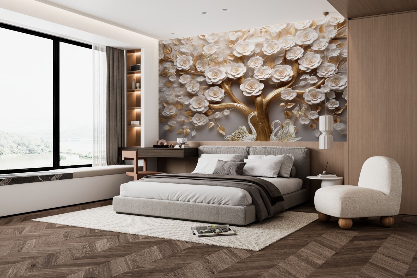 Fotobehang boom met dichte en overvloedige bloemen