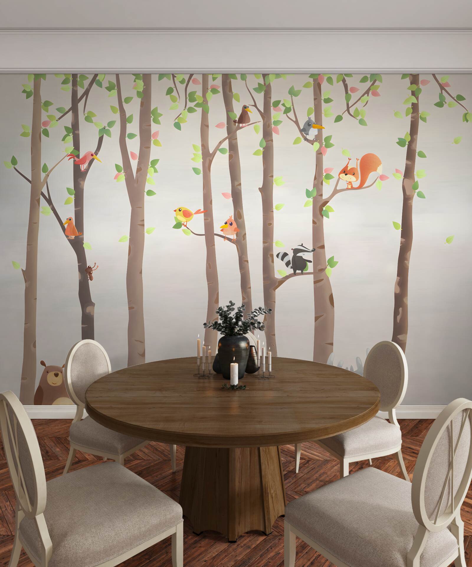 Fotobehang hoge bomen met bosbewoners