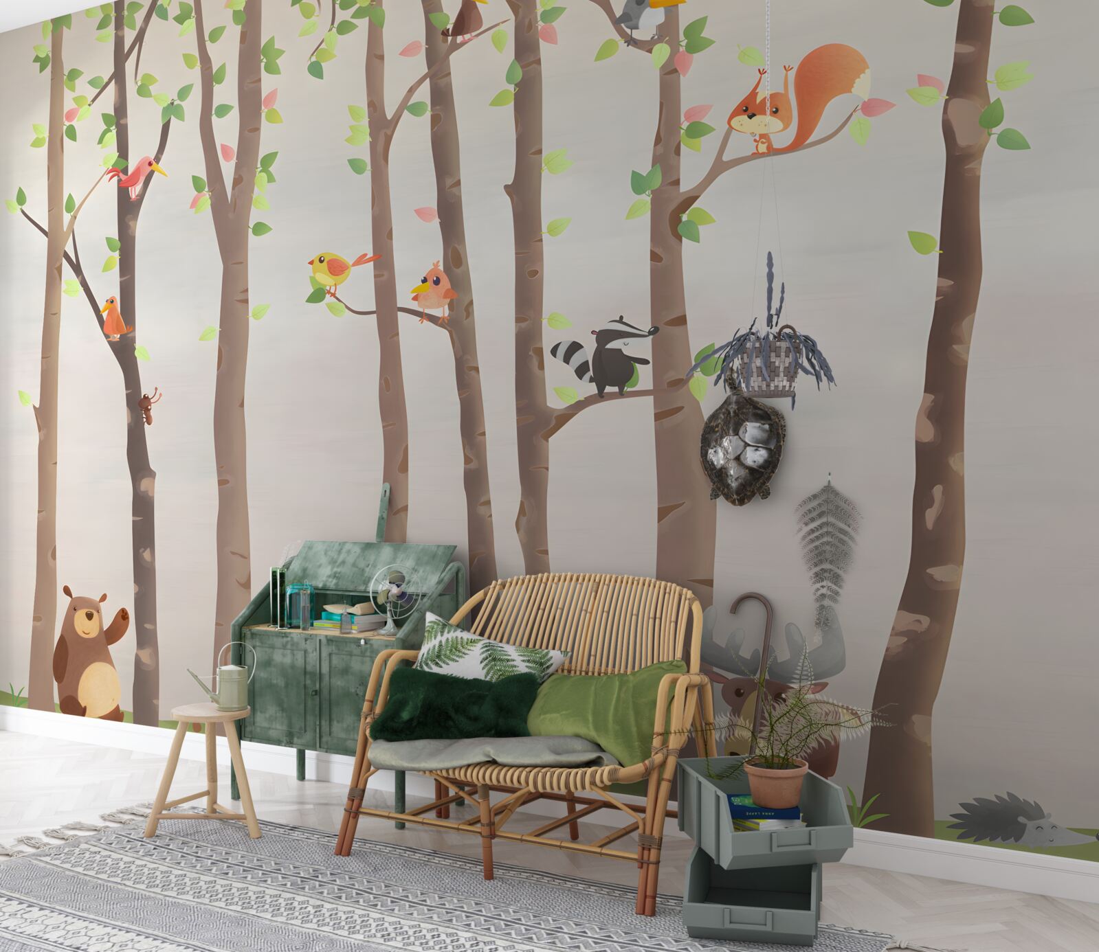 Fotobehang hoge bomen met bosbewoners