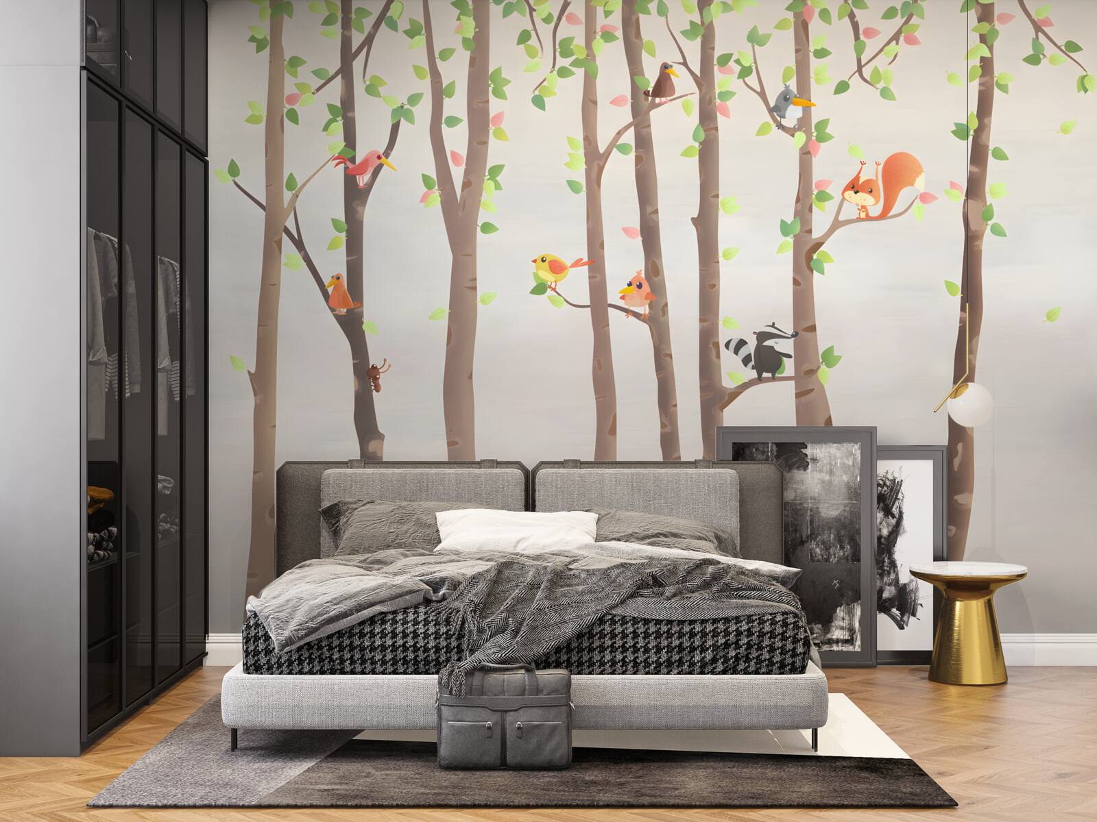 Fotobehang hoge bomen met bosbewoners