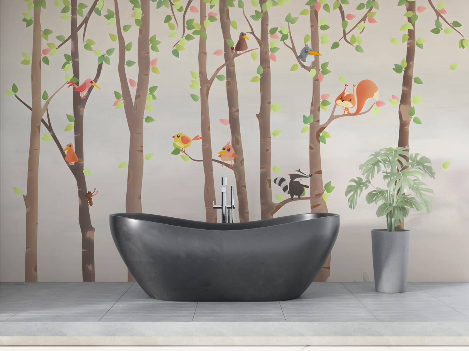 Fotobehang hoge bomen met bosbewoners