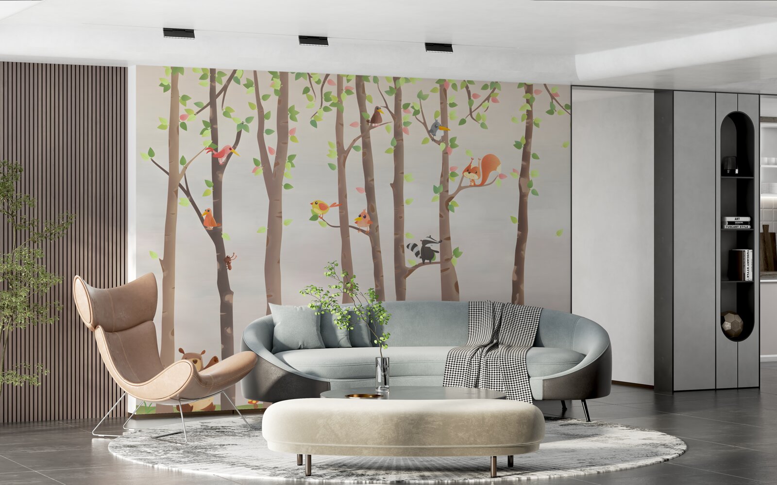 Fotobehang hoge bomen met bosbewoners