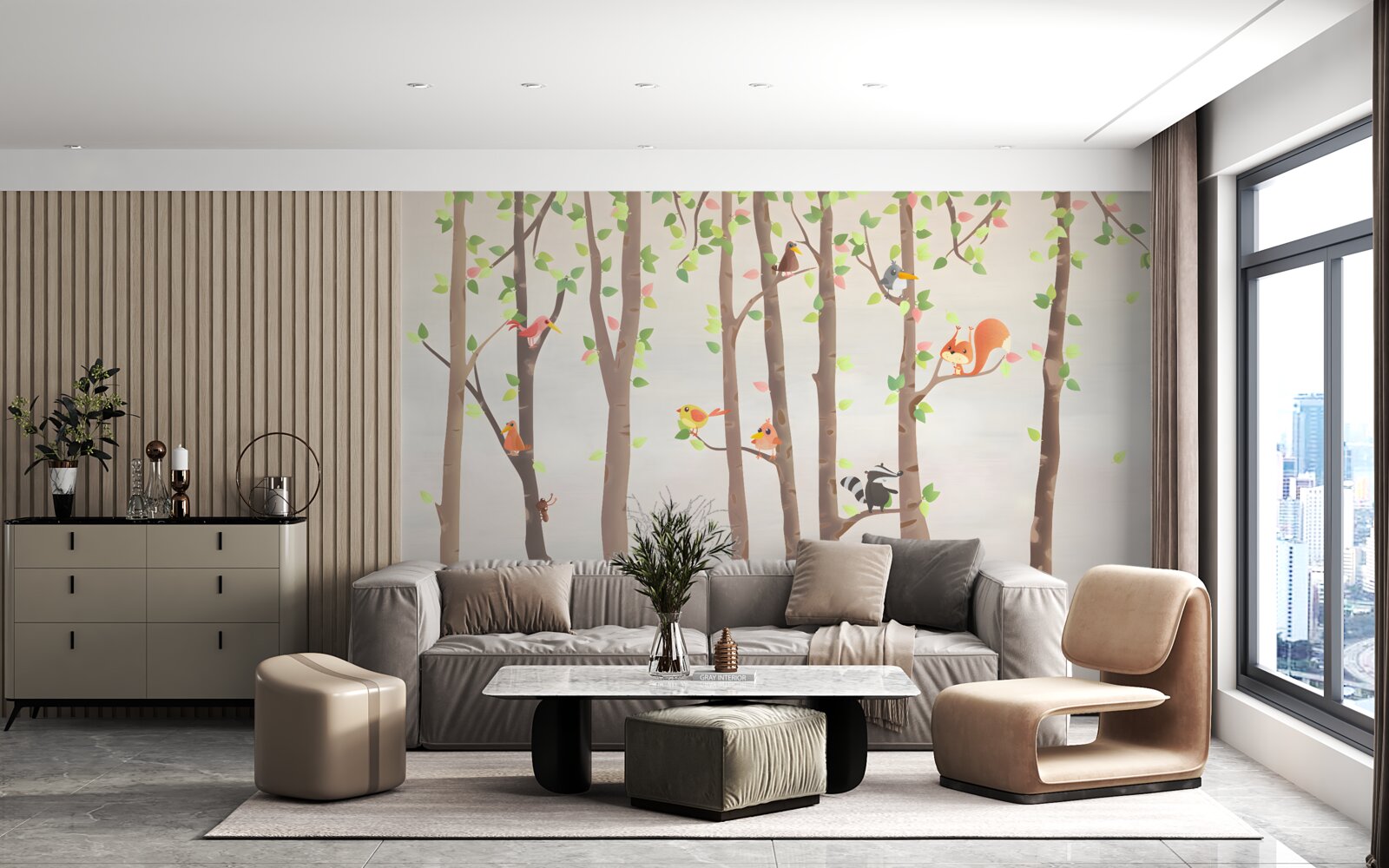 Fotobehang hoge bomen met bosbewoners