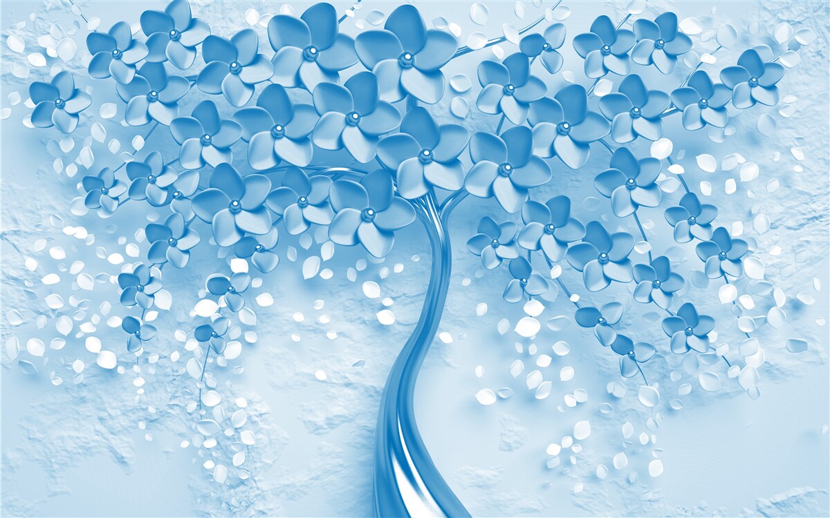 Fotobehang een grote blauwe boom met bloemen