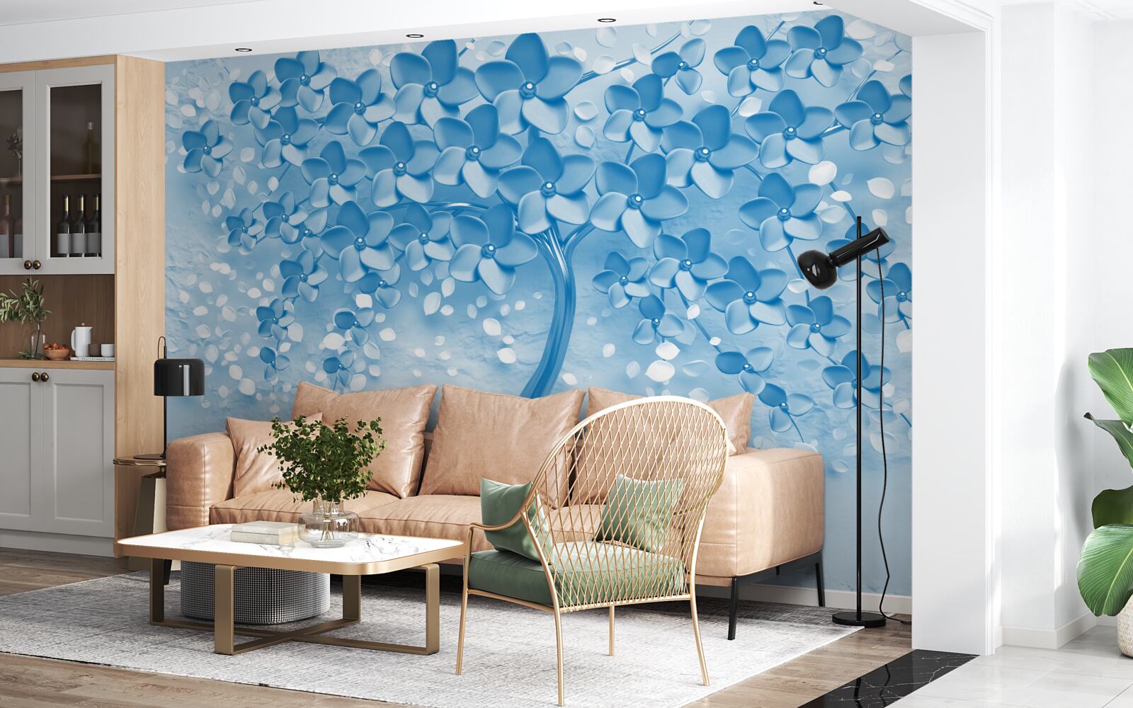 Fotobehang een grote blauwe boom met bloemen