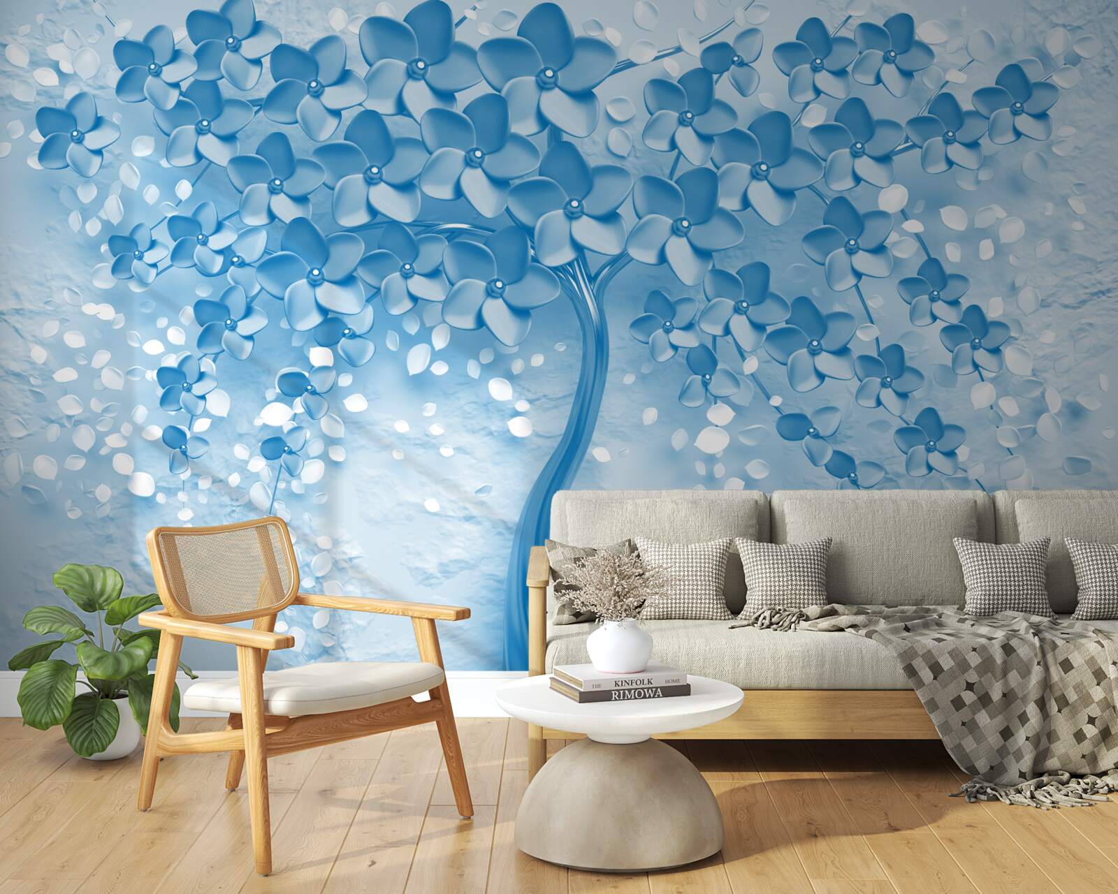 Fotobehang een grote blauwe boom met bloemen